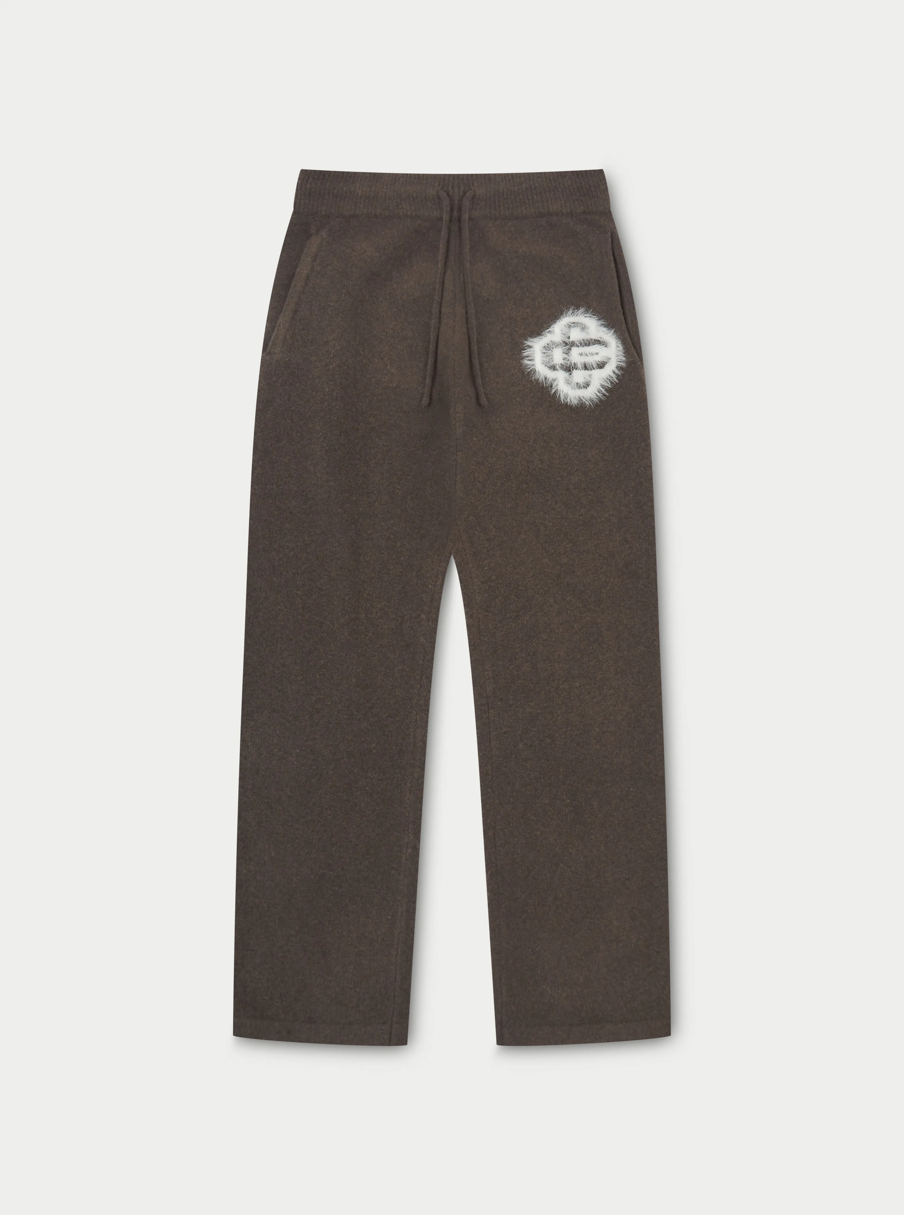 FLUFFY EMBLEM KNITTED JOGGERS - BROWN sold by The Couture Club