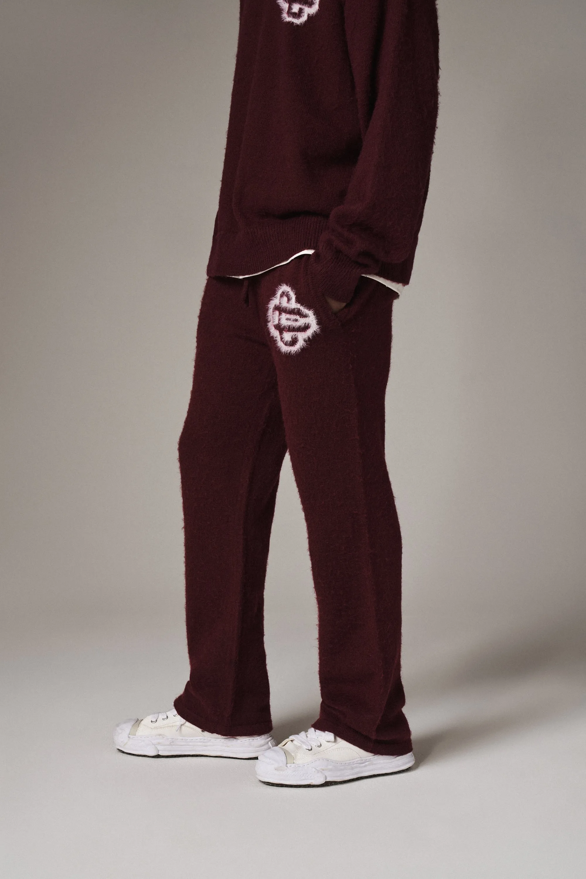 FLUFFY EMBLEM KNITTED JOGGERS - BURGUNDY sold by The Couture Club product image thumbnail 2