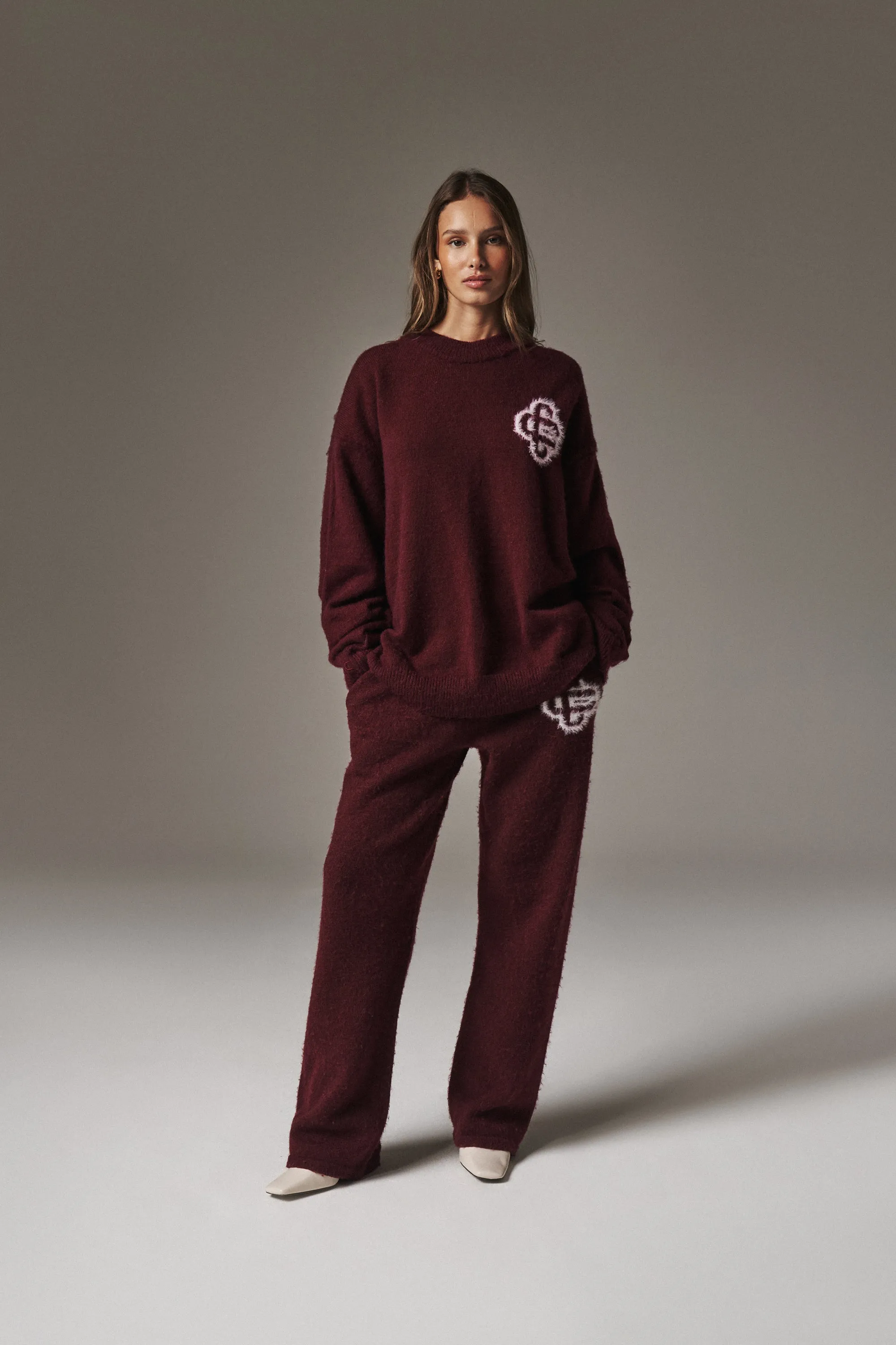FLUFFY EMBLEM KNITTED JOGGERS - BURGUNDY sold by The Couture Club product image thumbnail 4