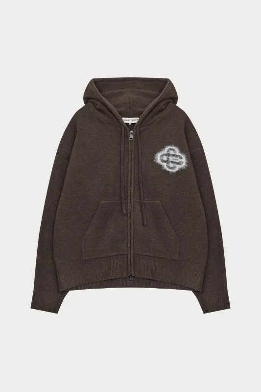 FLUFFY EMBLEM ZIP THROUGH KNITTED HOODIE - BROWN sold by The Couture Club