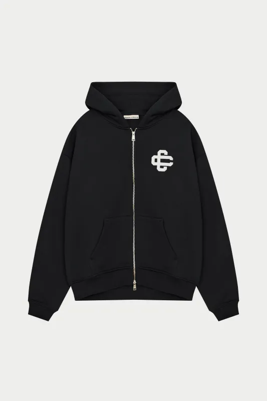 HEAVYWEIGHT EMBLEM APPLIQUE ZIP THROUGH HOODIE - BLACK sold by The Couture Club