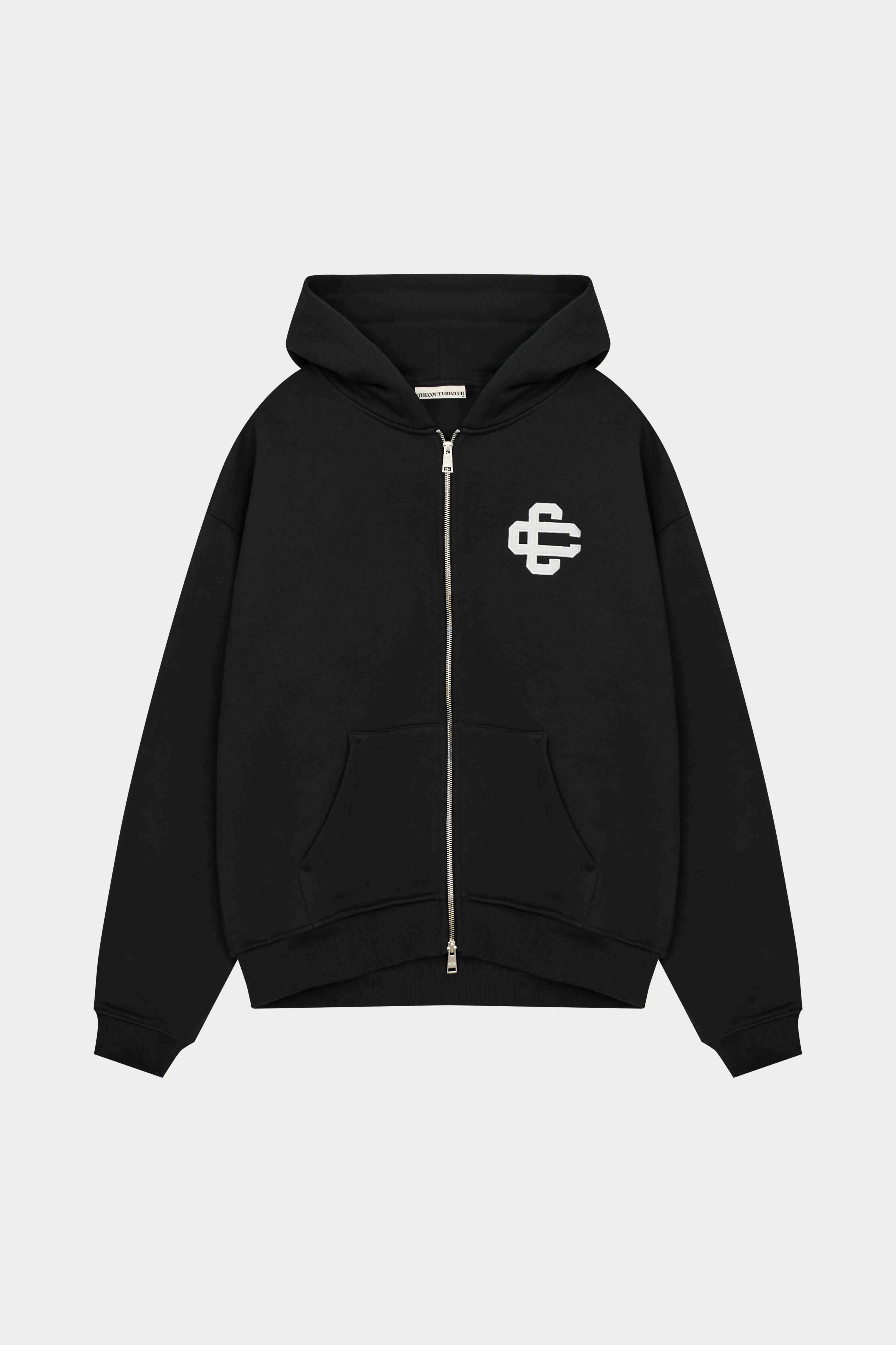 HEAVYWEIGHT EMBLEM APPLIQUE ZIP THROUGH HOODIE - BLACK sold by The Couture Club