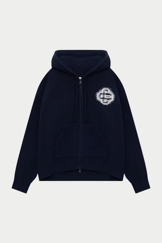FLUFFY EMBLEM ZIP THROUGH KNITTED HOODIE - NAVY sold by The Couture Club