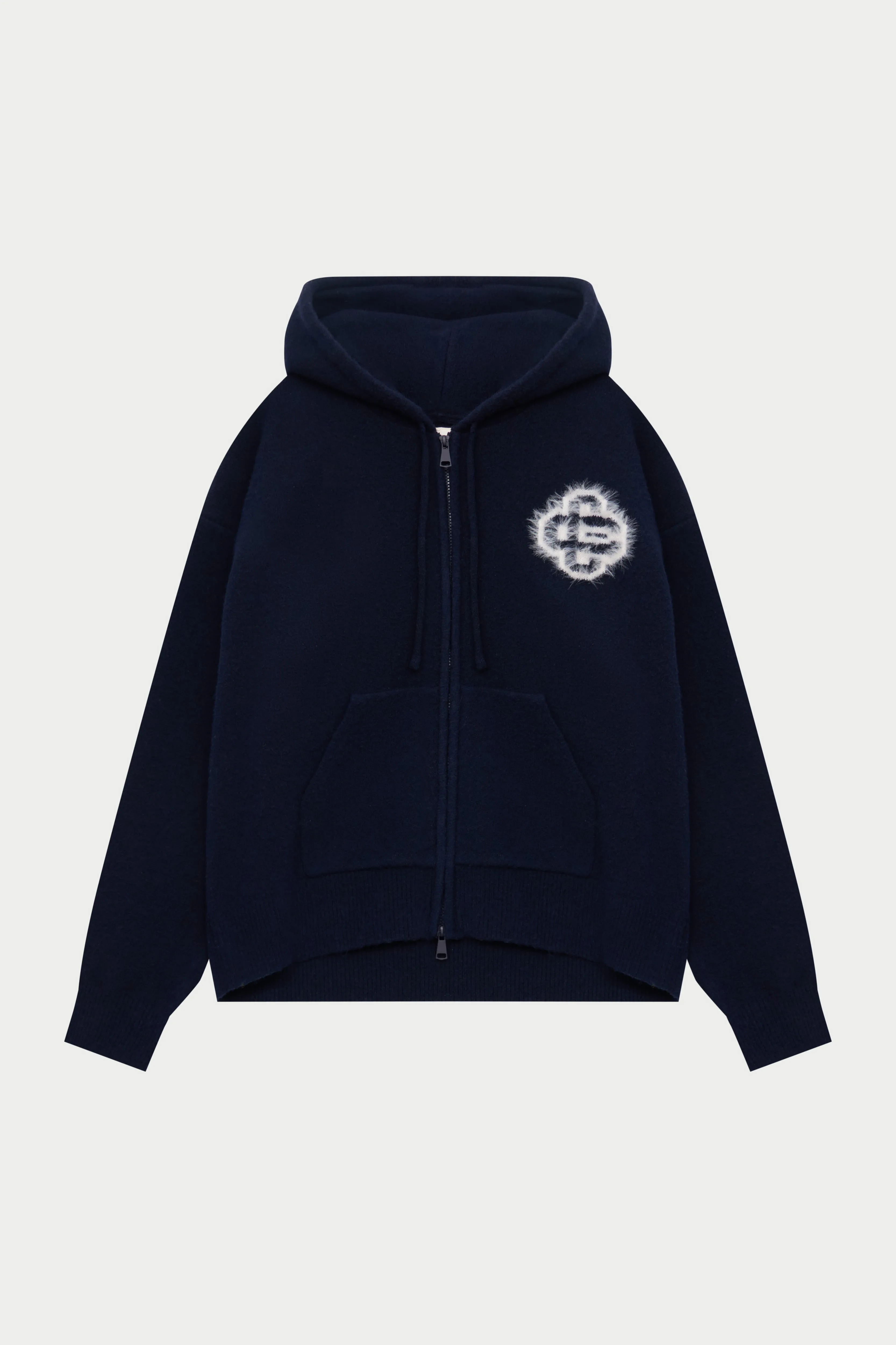 FLUFFY EMBLEM ZIP THROUGH KNITTED HOODIE - NAVY sold by The Couture Club