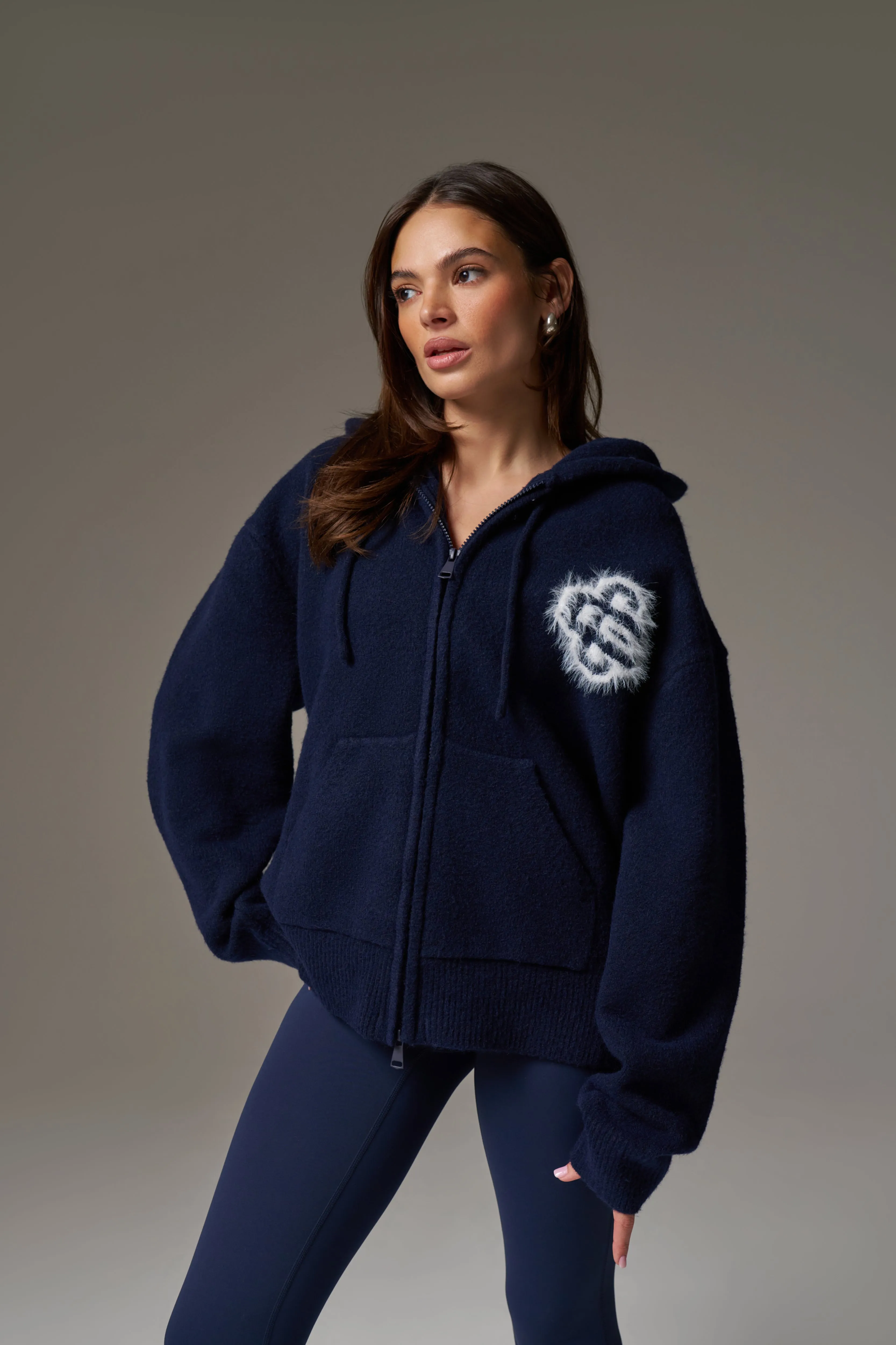 FLUFFY EMBLEM ZIP THROUGH KNITTED HOODIE - NAVY sold by The Couture Club product image thumbnail 3