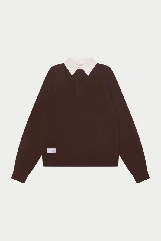 CONTRAST COLLAR KNIT CREW - BROWN sold by The Couture Club