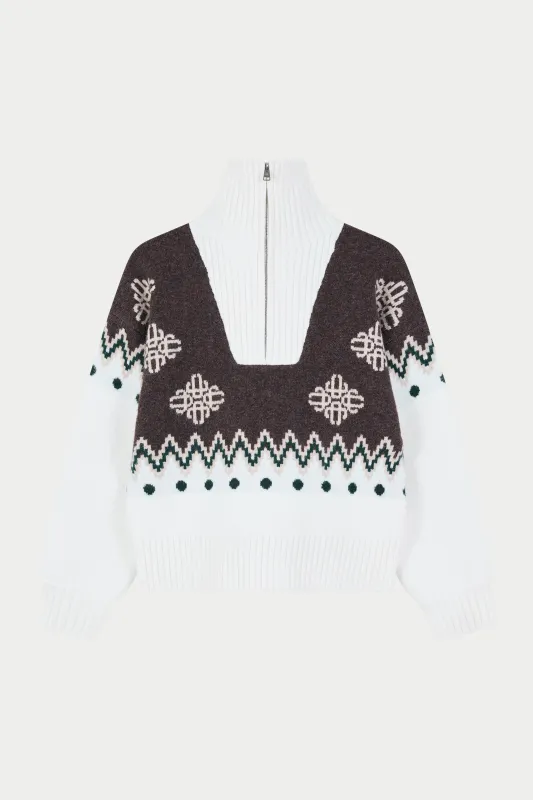 FAIR ISLE FUNNEL NECK QUARTER ZIP - BEIGE sold by The Couture Club