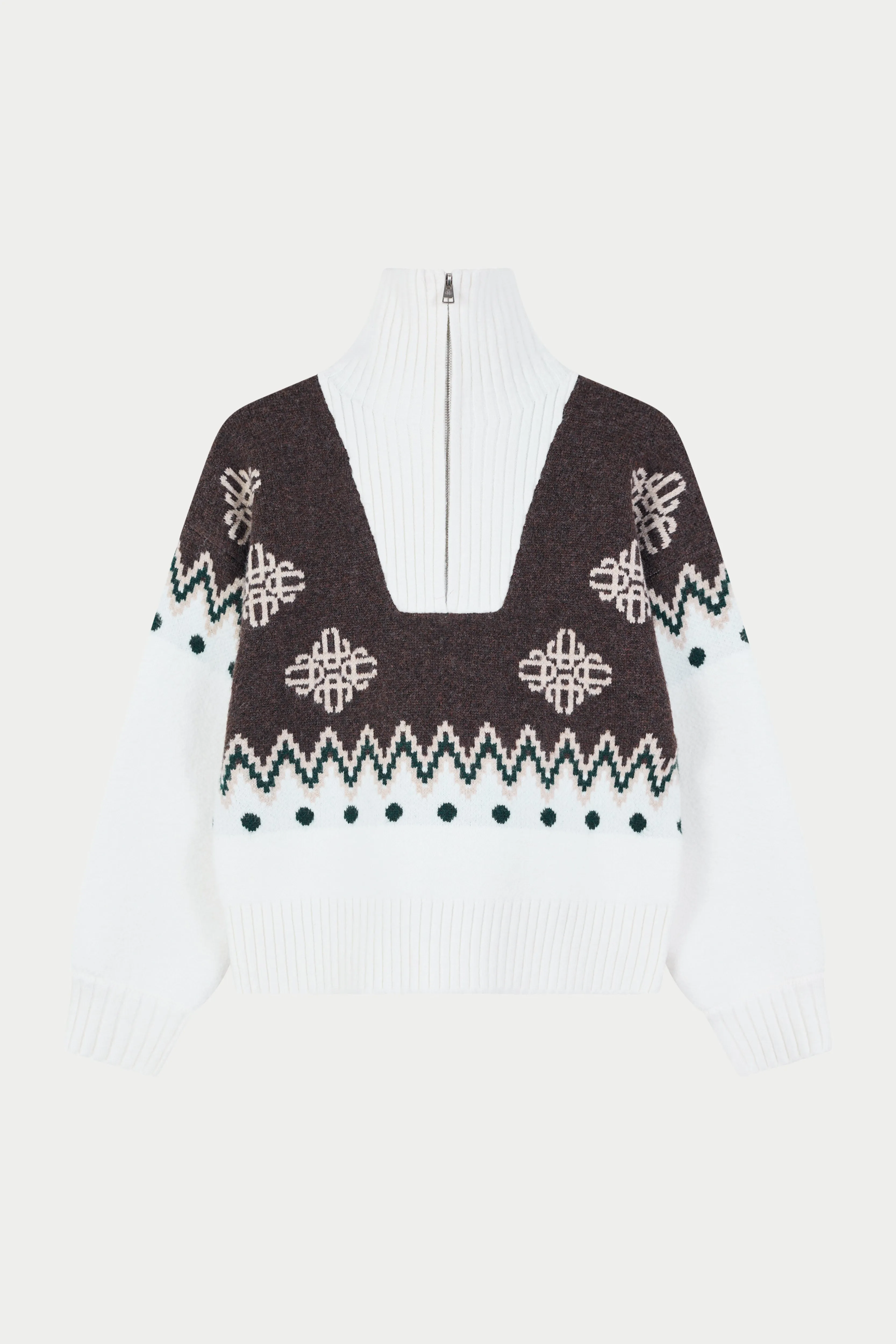 FAIR ISLE FUNNEL NECK QUARTER ZIP - BEIGE sold by The Couture Club