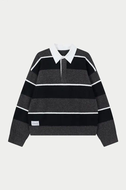 STRIPE CONTRAST COLLAR KNIT CREW - CHARCOAL made by The Couture Club