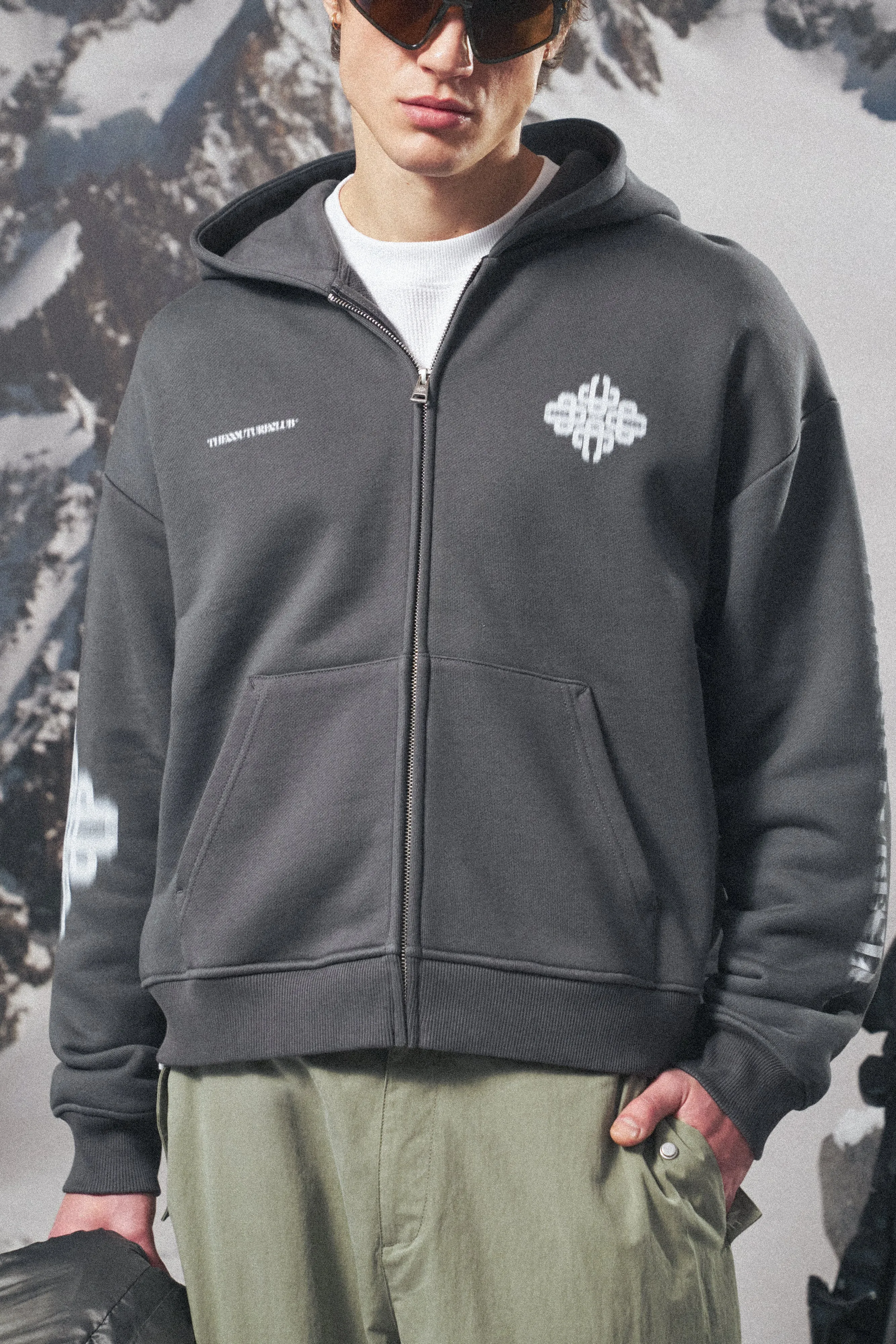 MOTION BLURRED ZIP THROUGH HOODIE - CHARCOAL sold by The Couture Club product image thumbnail 4