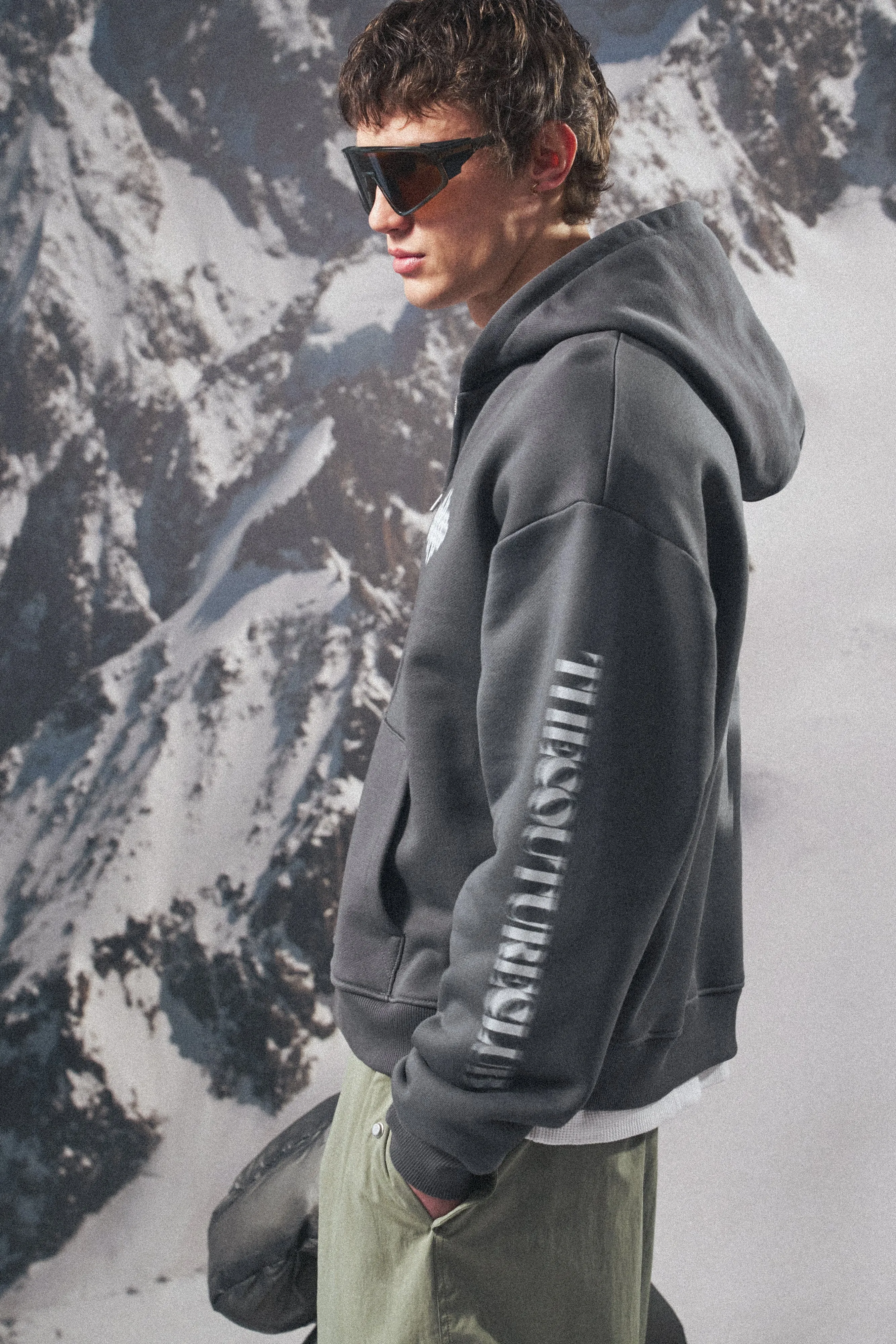 MOTION BLURRED ZIP THROUGH HOODIE - CHARCOAL sold by The Couture Club product image thumbnail 5