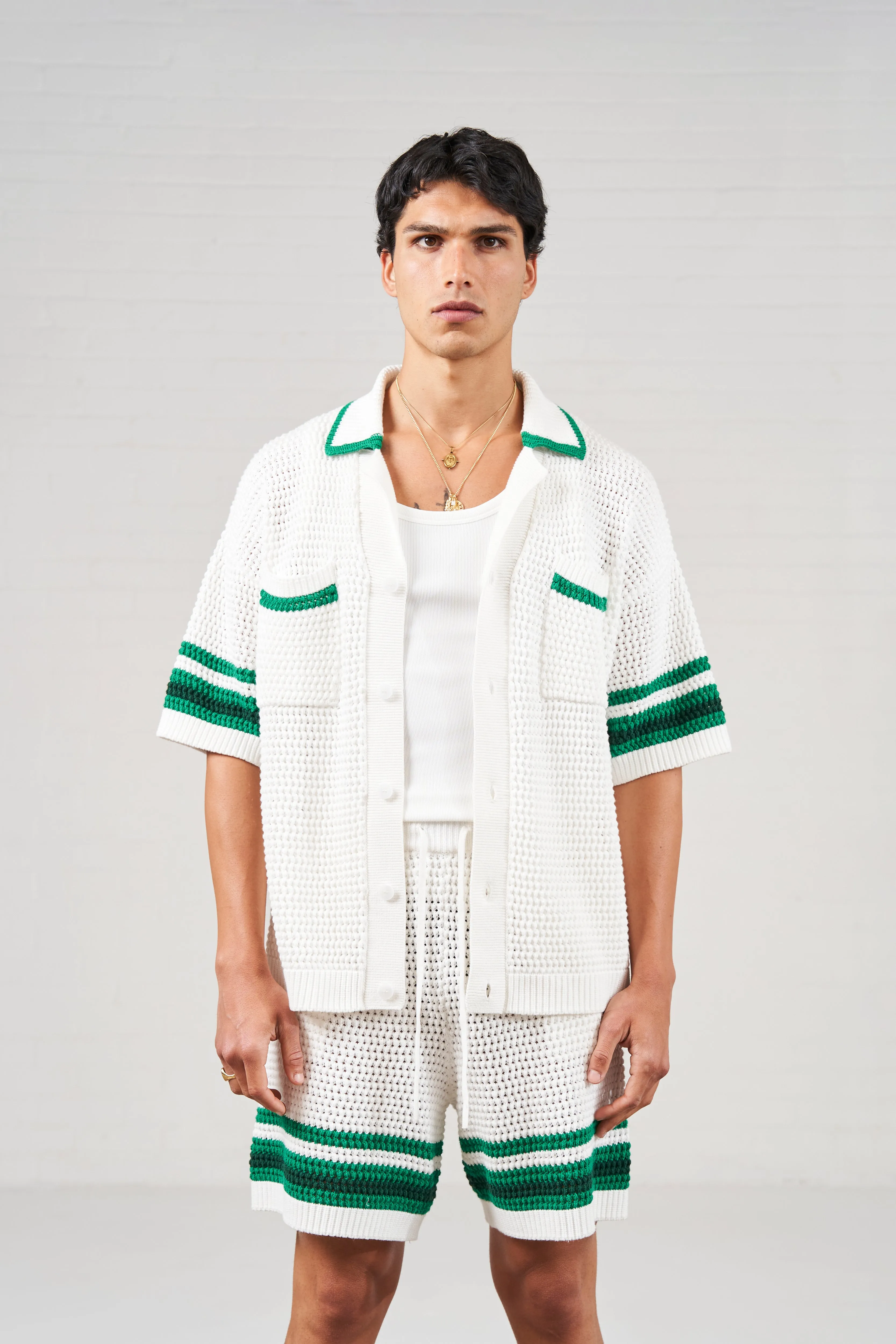 STRIPE TRIM CROCHET KNITTED SHIRT - WHITE sold by The Couture Club product image thumbnail 2
