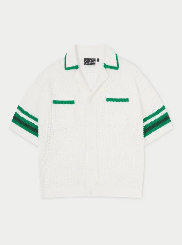 STRIPE TRIM CROCHET KNITTED SHIRT - WHITE sold by The Couture Club