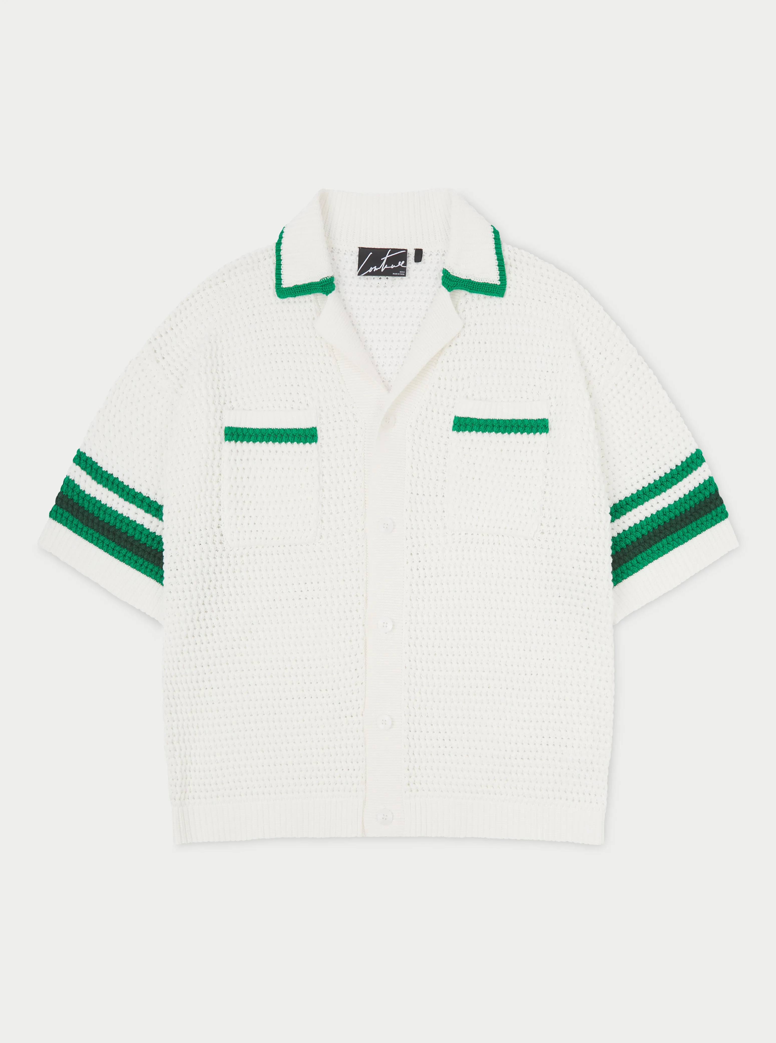 STRIPE TRIM CROCHET KNITTED SHIRT - WHITE sold by The Couture Club