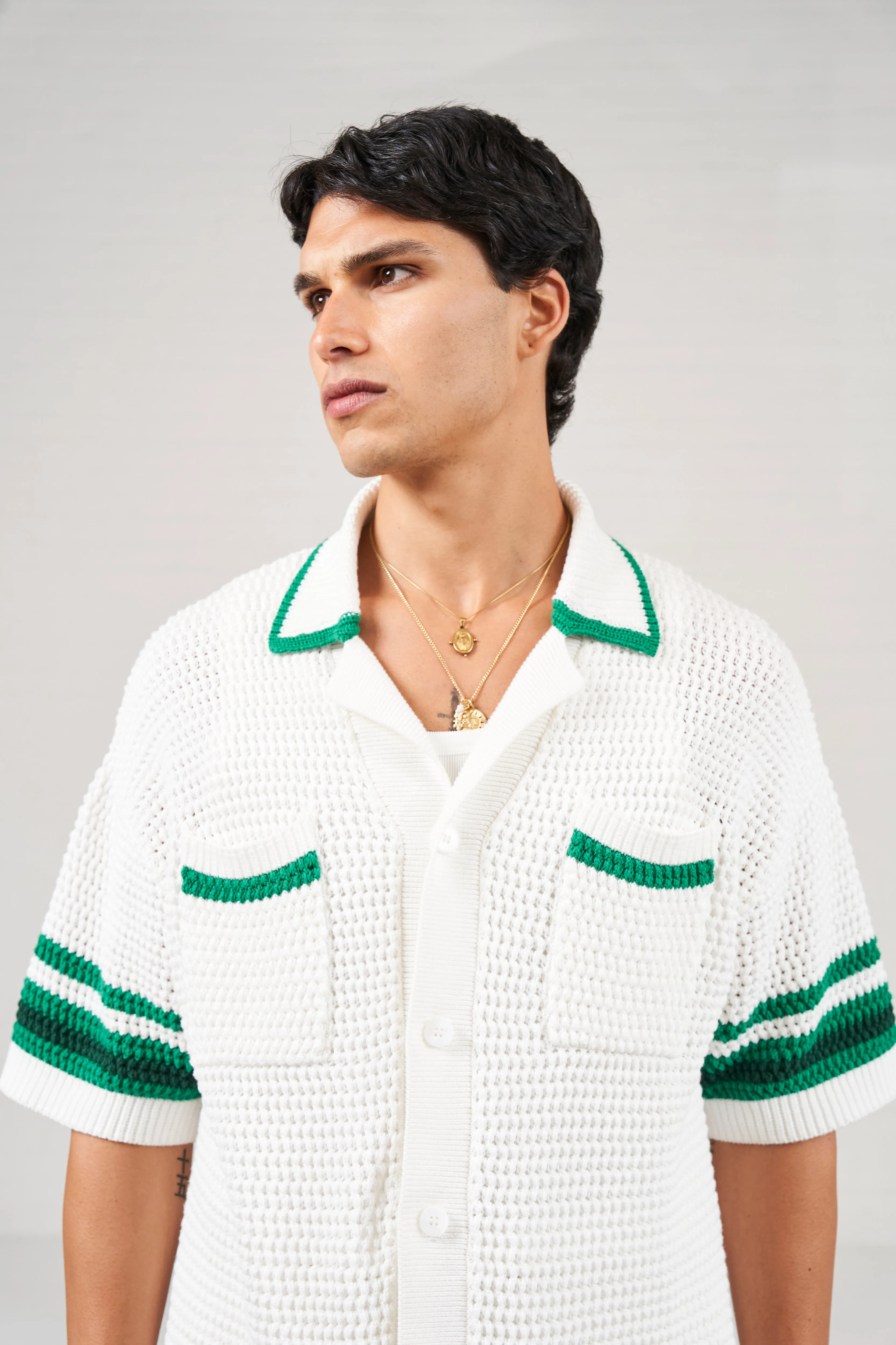 STRIPE TRIM CROCHET KNITTED SHIRT - WHITE sold by The Couture Club product image thumbnail 3