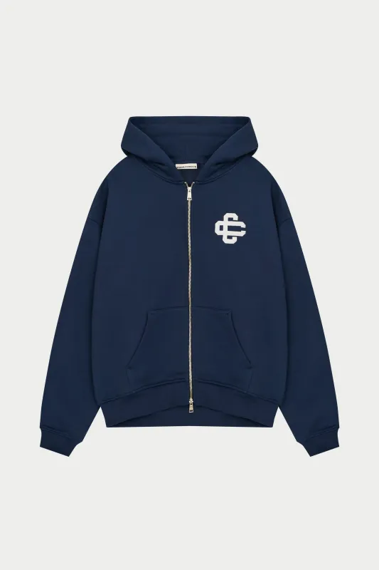 HEAVYWEIGHT EMBLEM APPLIQUE ZIP THROUGH HOODIE - NAVY sold by The Couture Club
