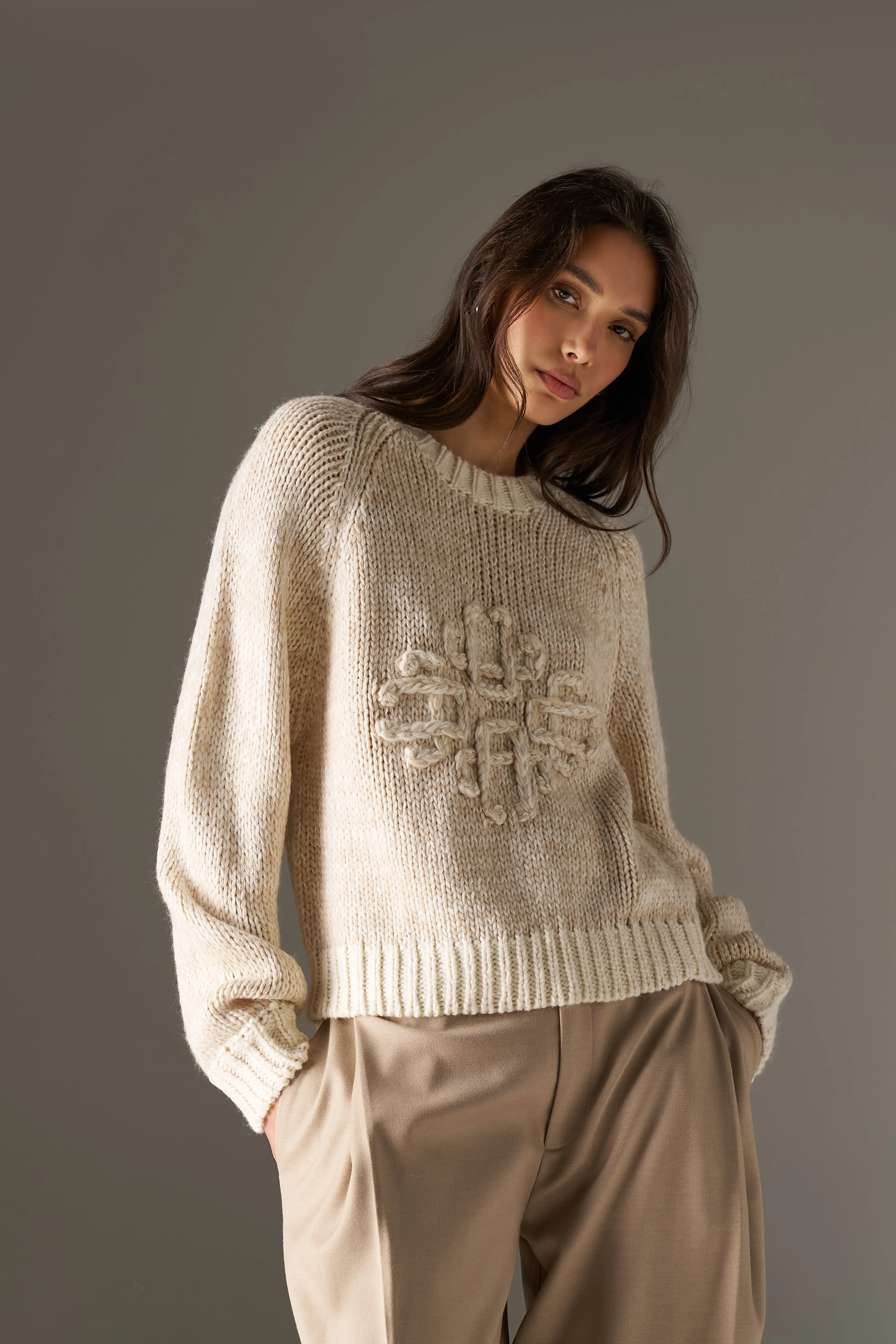 EMBLEM MIXED YARN OVERSIZED KNIT JUMPER - BEIGE sold by The Couture Club product image thumbnail 2