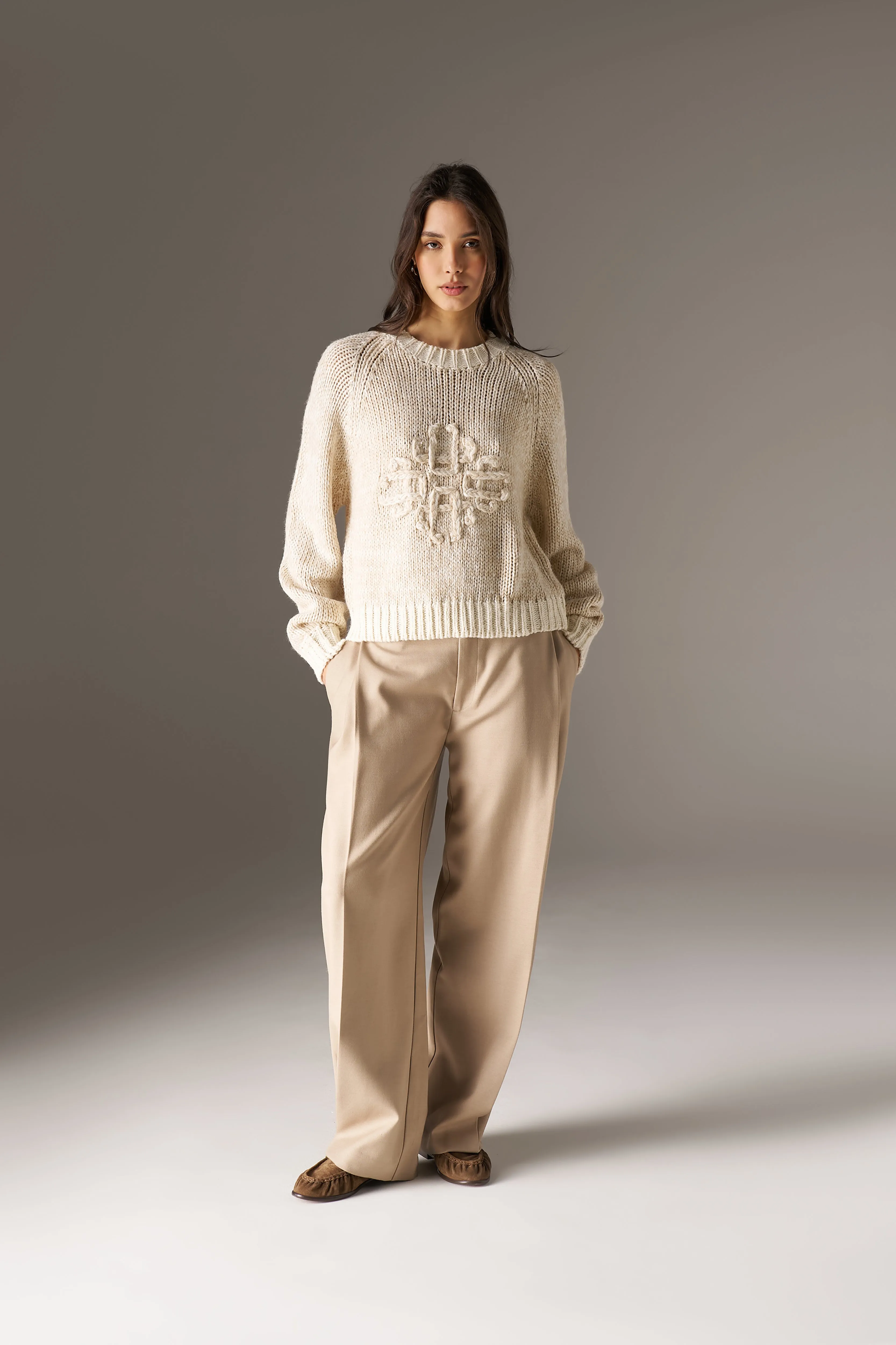 EMBLEM MIXED YARN OVERSIZED KNIT JUMPER - BEIGE sold by The Couture Club product image thumbnail 3