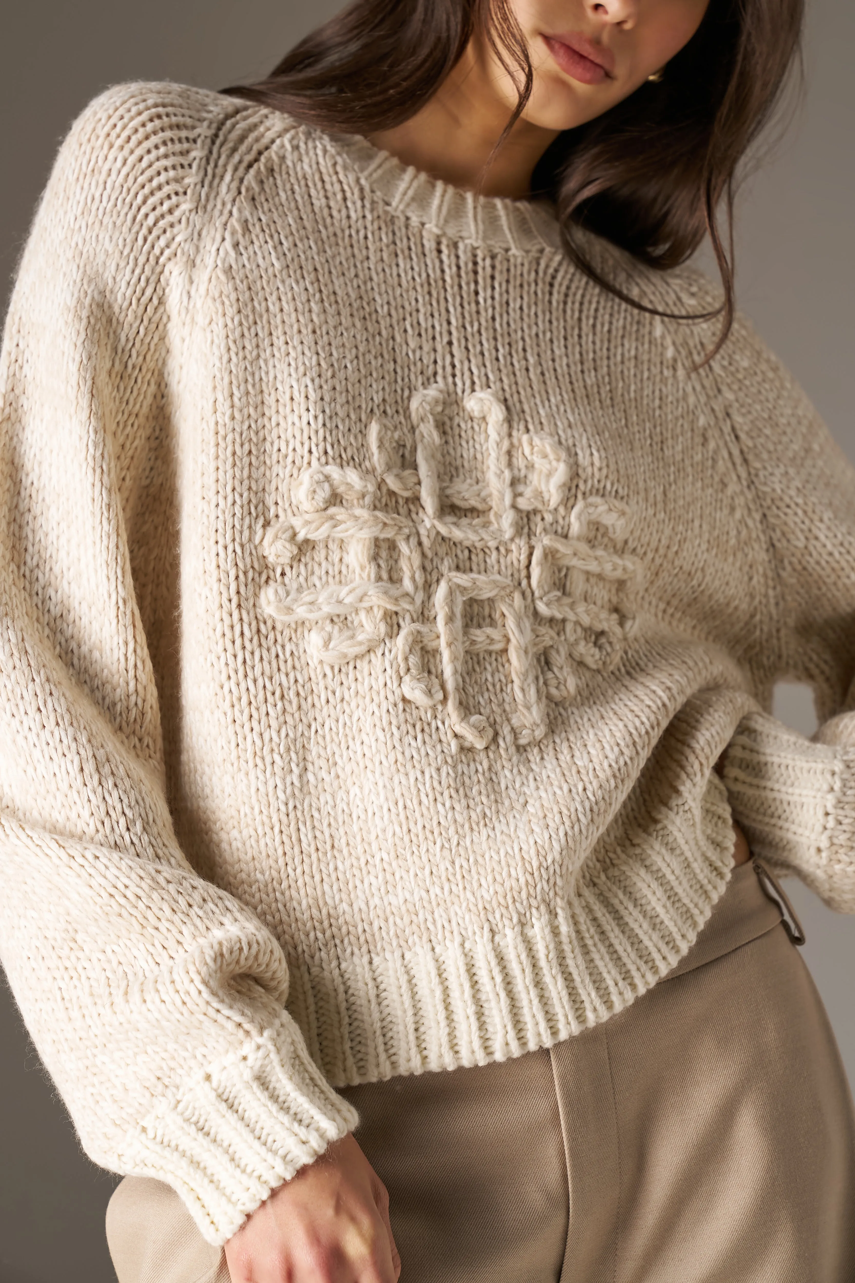 EMBLEM MIXED YARN OVERSIZED KNIT JUMPER - BEIGE sold by The Couture Club product image thumbnail 4