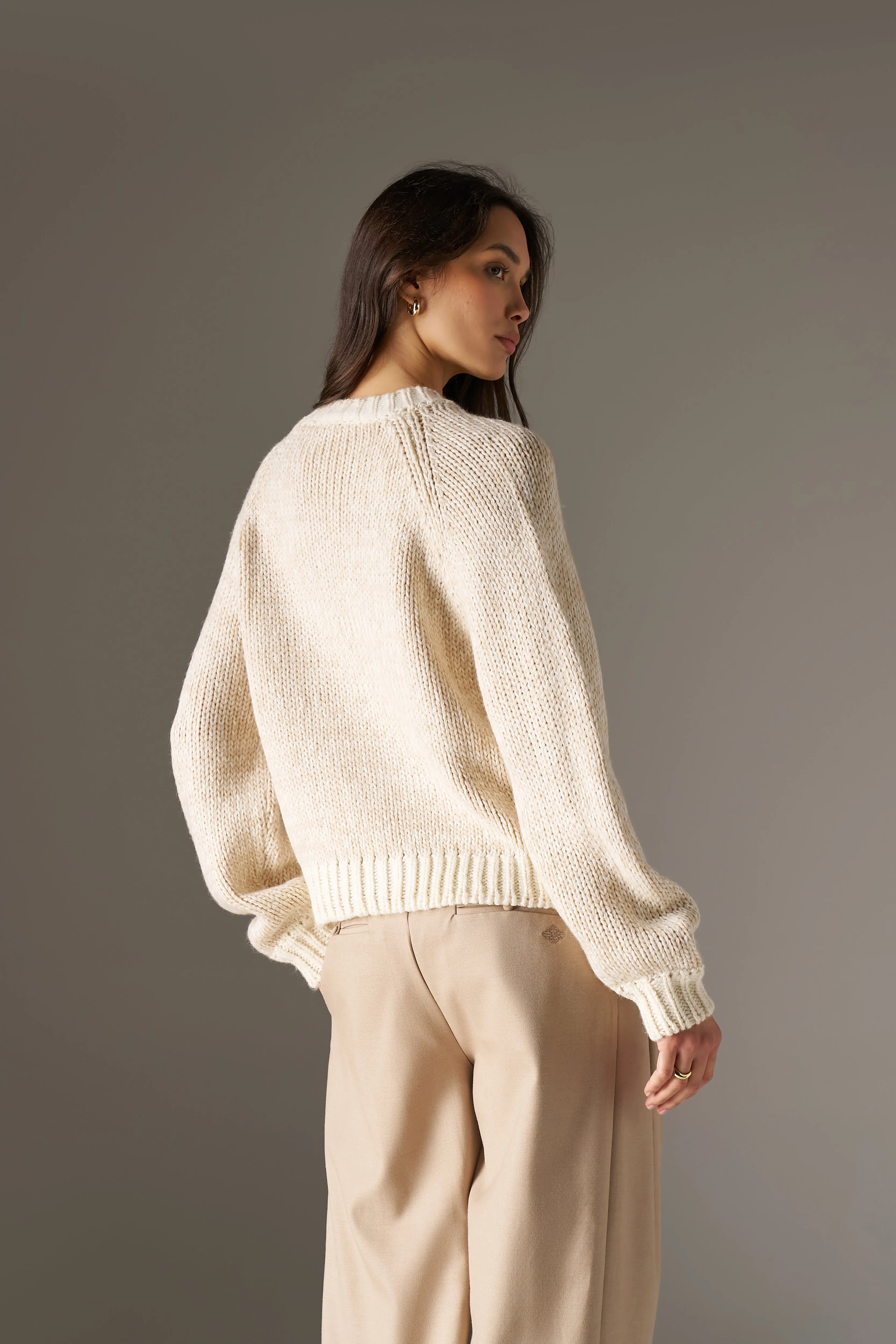 EMBLEM MIXED YARN OVERSIZED KNIT JUMPER - BEIGE sold by The Couture Club product image thumbnail 5