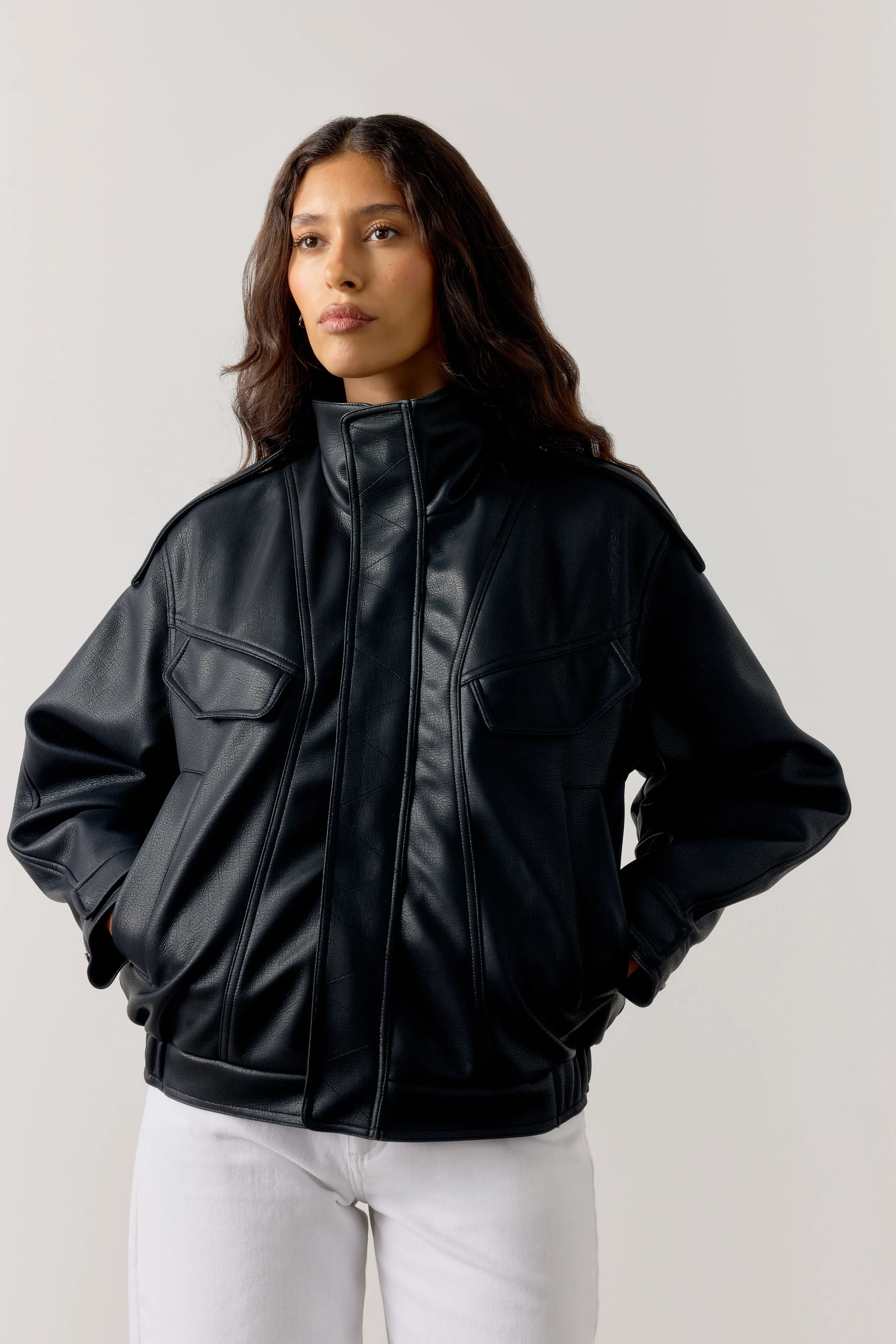 FAUX LEATHER FUNNEL NECK JACKET - BLACK sold by The Couture Club product image thumbnail 2