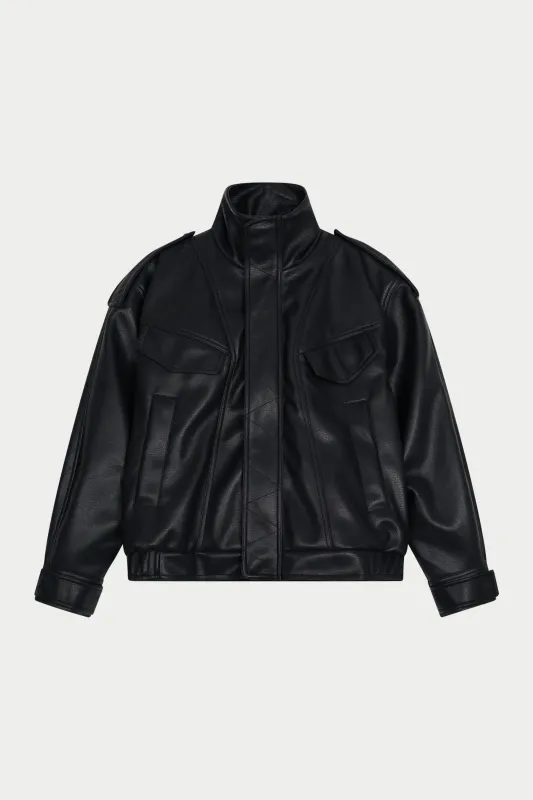 FAUX LEATHER FUNNEL NECK JACKET - BLACK made by The Couture Club