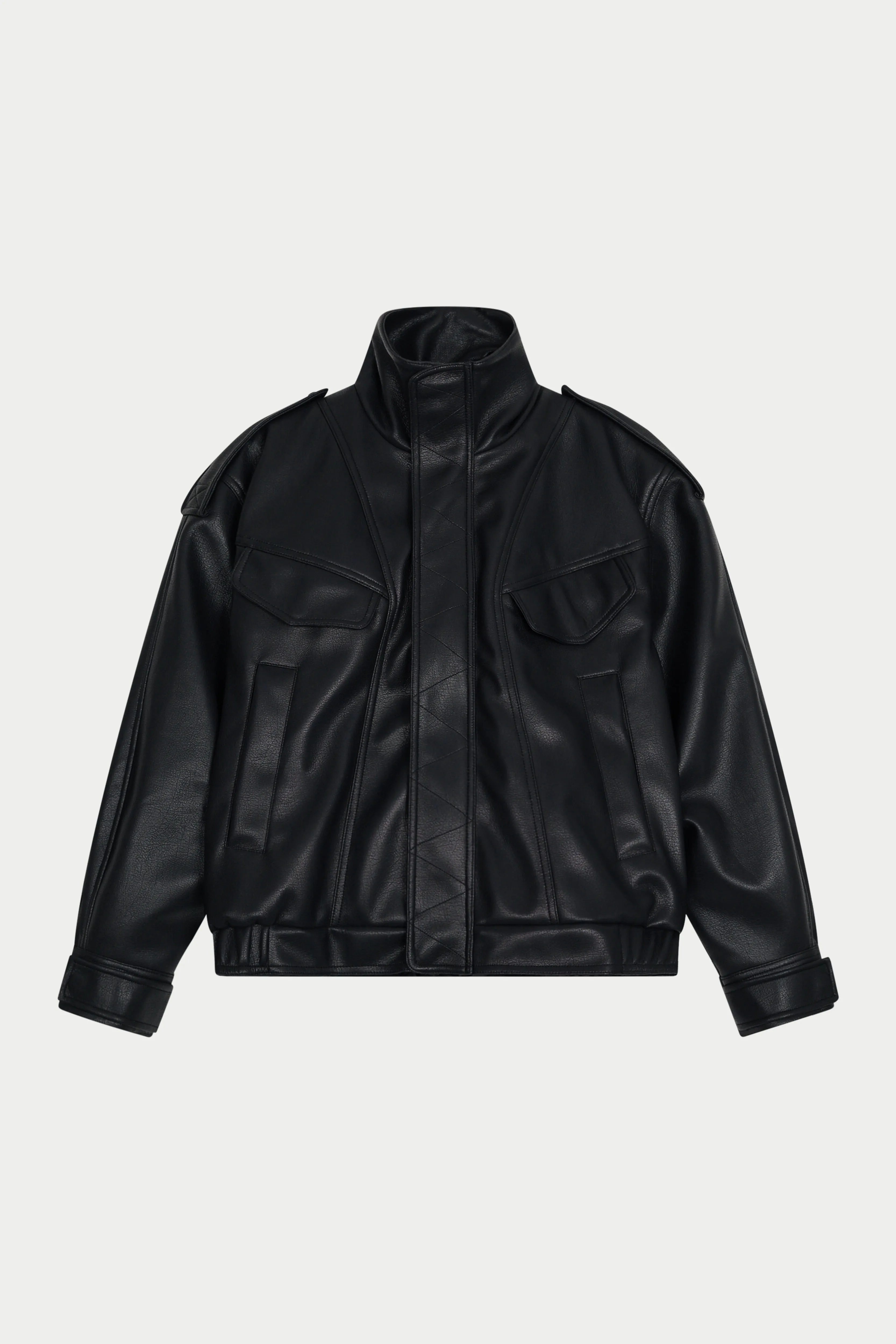 FAUX LEATHER FUNNEL NECK JACKET - BLACK sold by The Couture Club