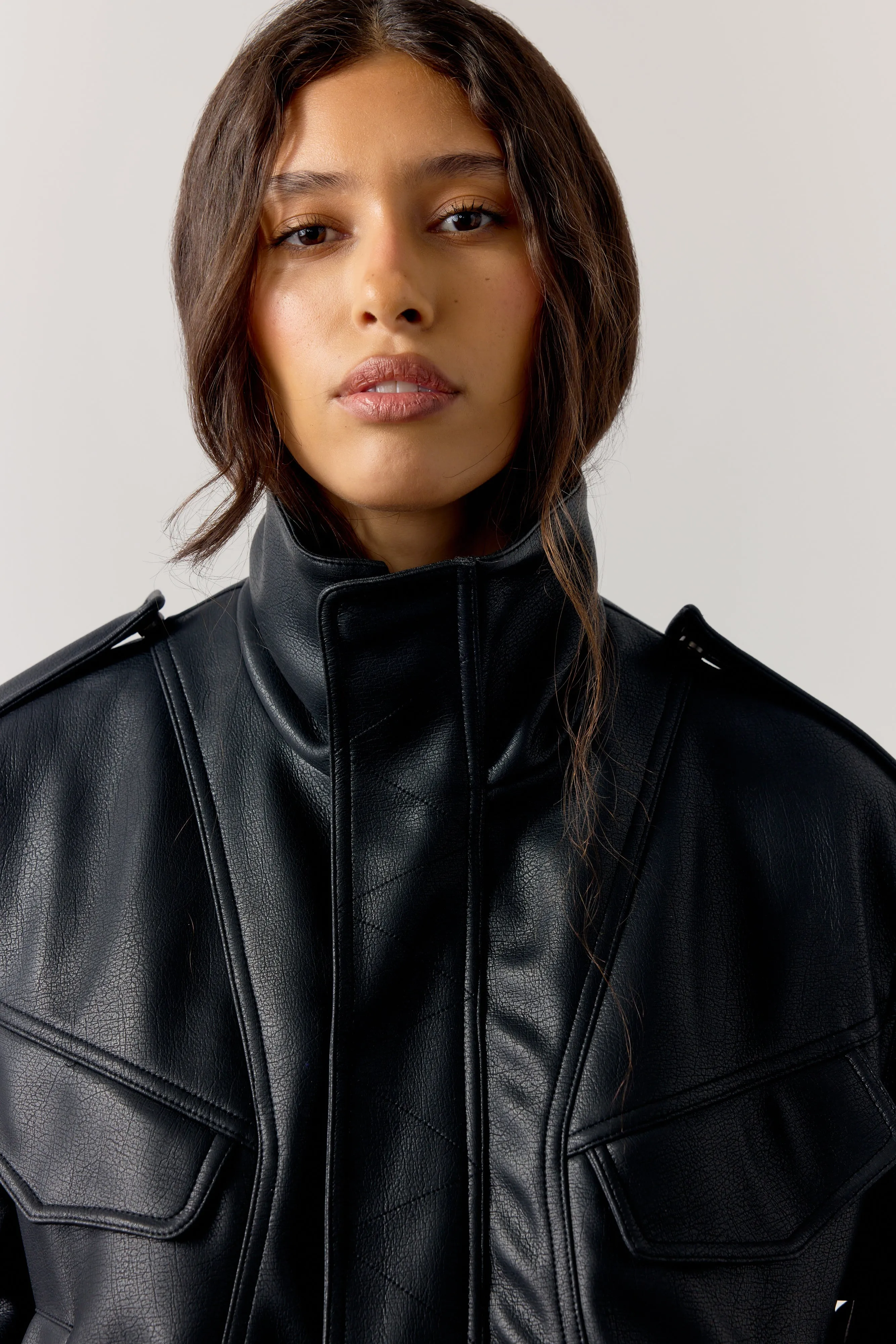 FAUX LEATHER FUNNEL NECK JACKET - BLACK sold by The Couture Club product image thumbnail 5