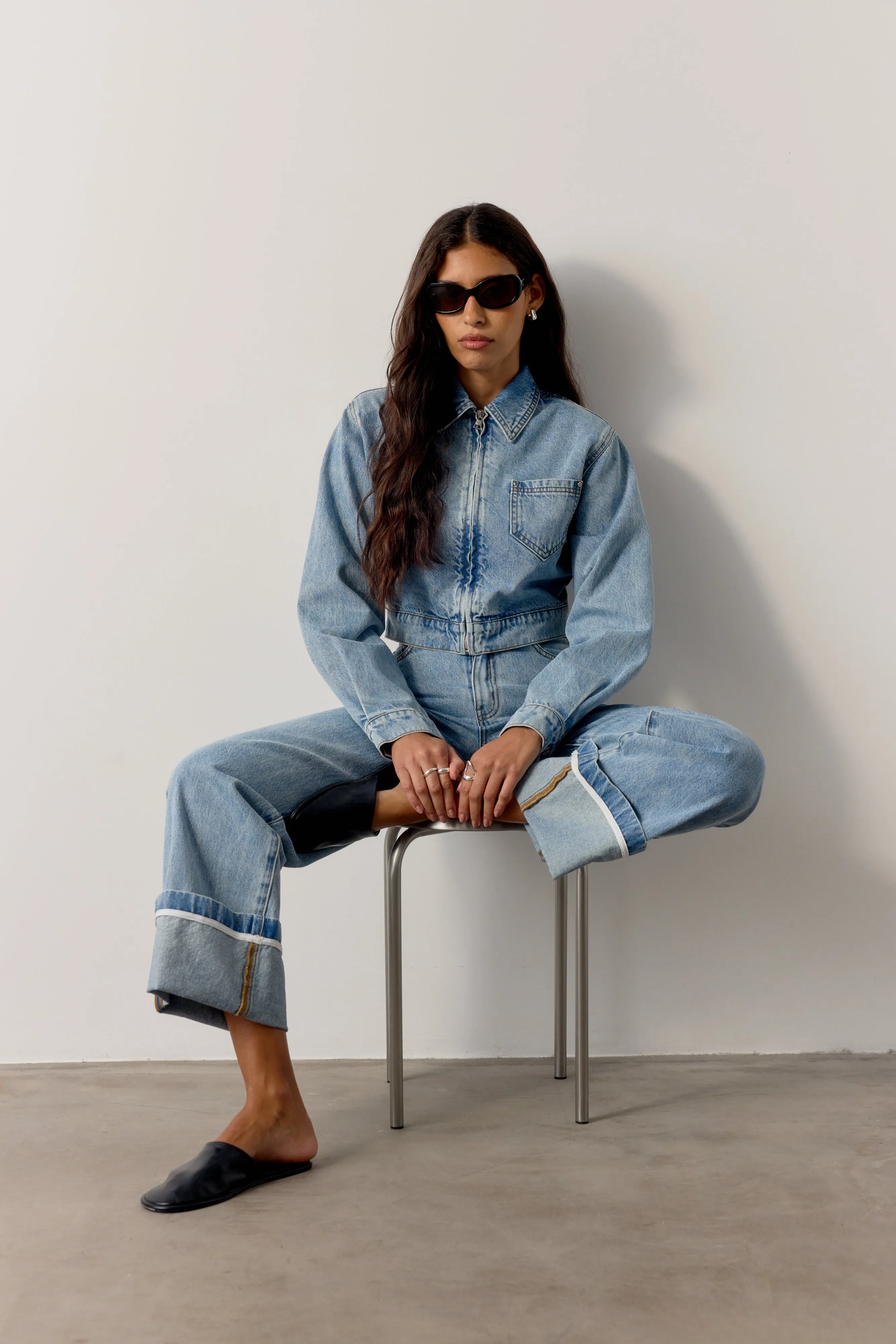 TURN UP HEM WIDE LEG JEANS - MID BLUE WASH sold by The Couture Club product image thumbnail 3
