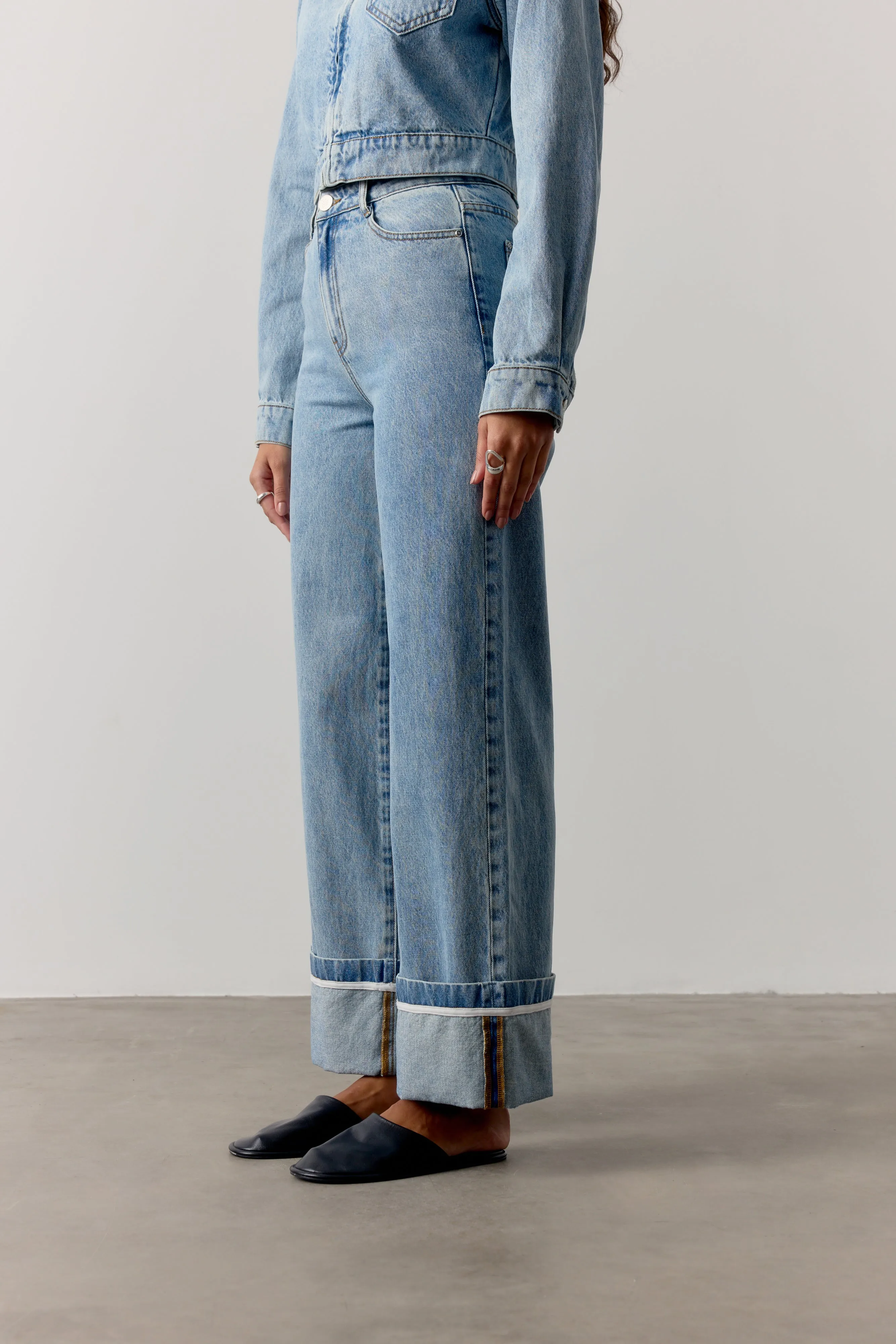 TURN UP HEM WIDE LEG JEANS - MID BLUE WASH sold by The Couture Club product image thumbnail 2