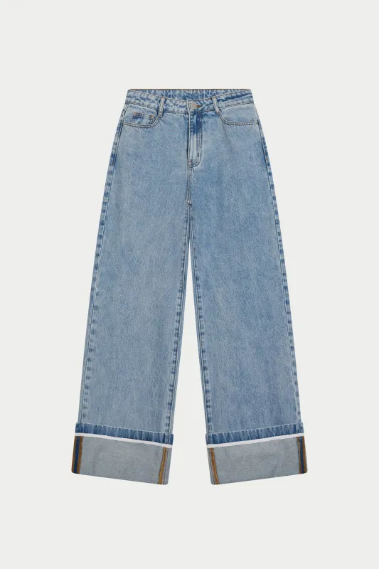 TURN UP HEM WIDE LEG JEANS - MID BLUE WASH made by The Couture Club