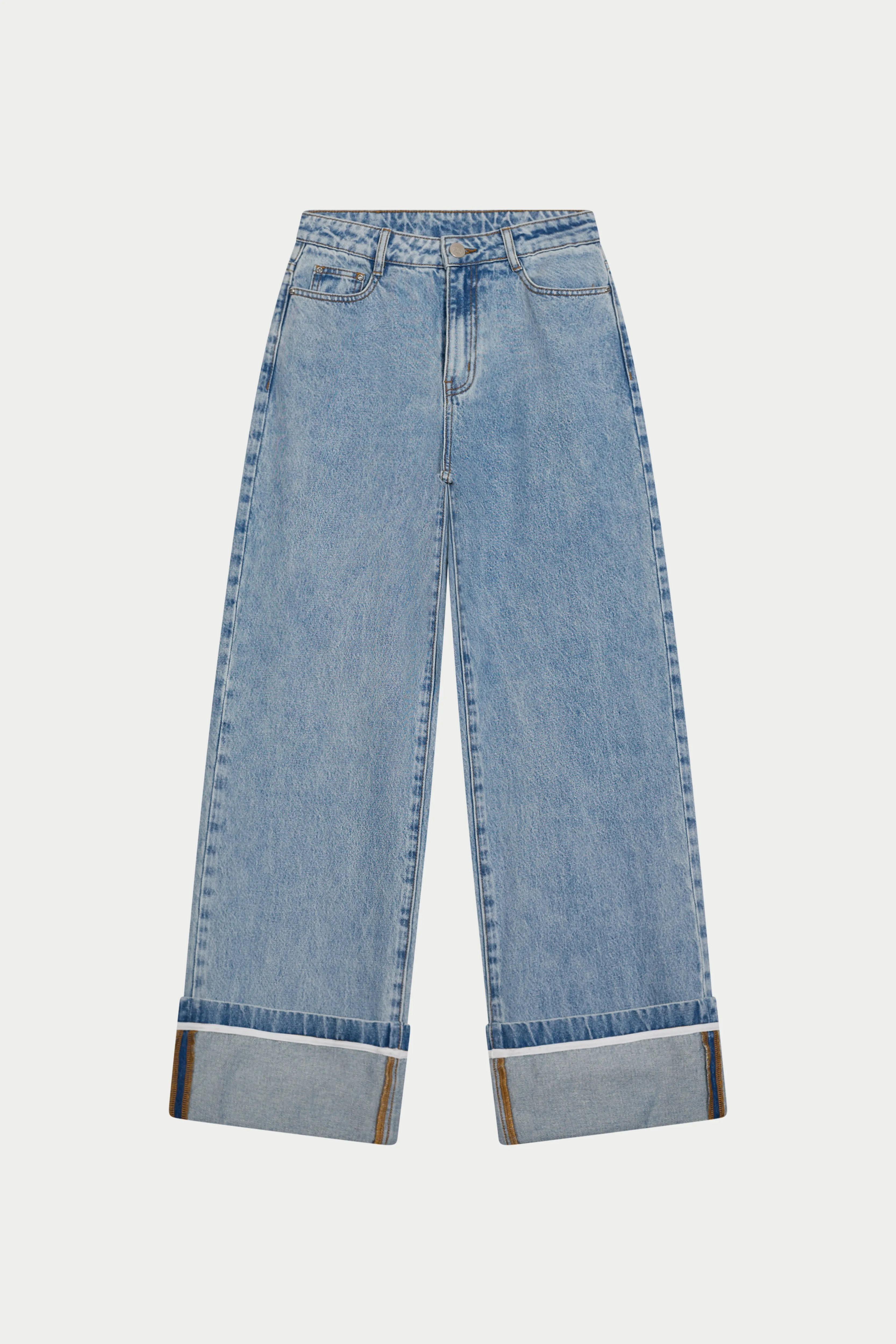 TURN UP HEM WIDE LEG JEANS - MID BLUE WASH sold by The Couture Club