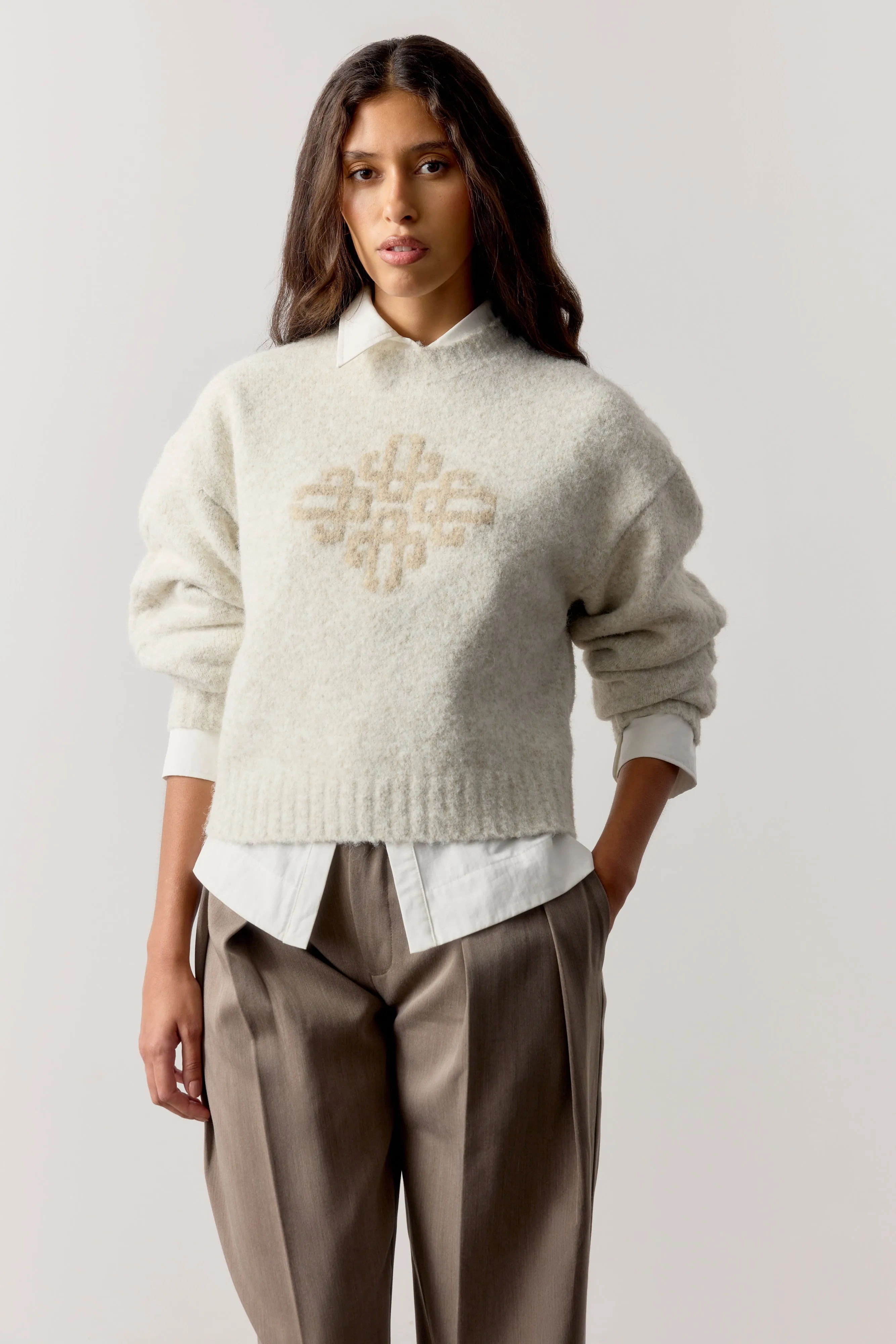 CONTRAST EMBLEM KNIT CREW - BEIGE sold by The Couture Club product image thumbnail 2