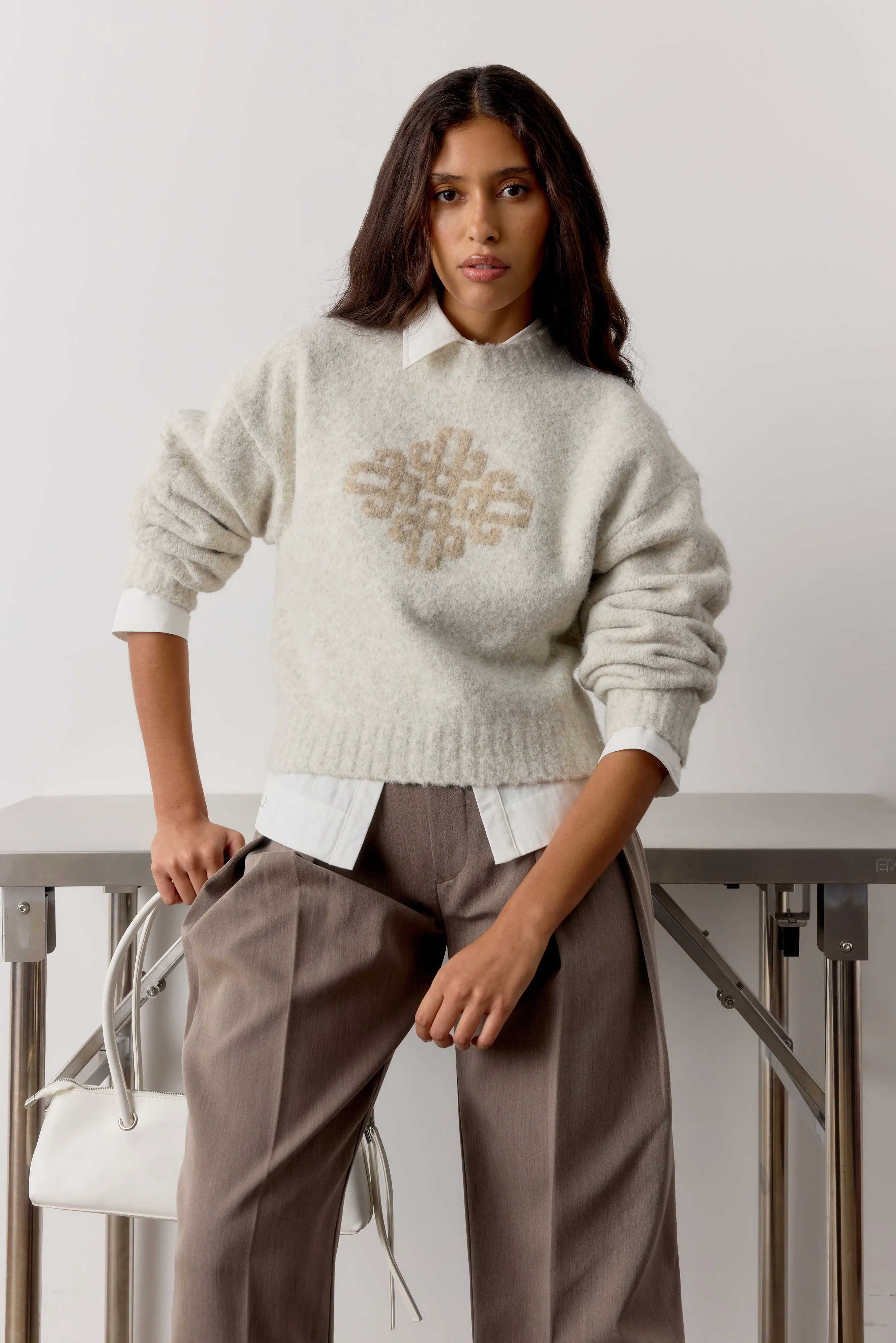 CONTRAST EMBLEM KNIT CREW - BEIGE sold by The Couture Club product image thumbnail 4
