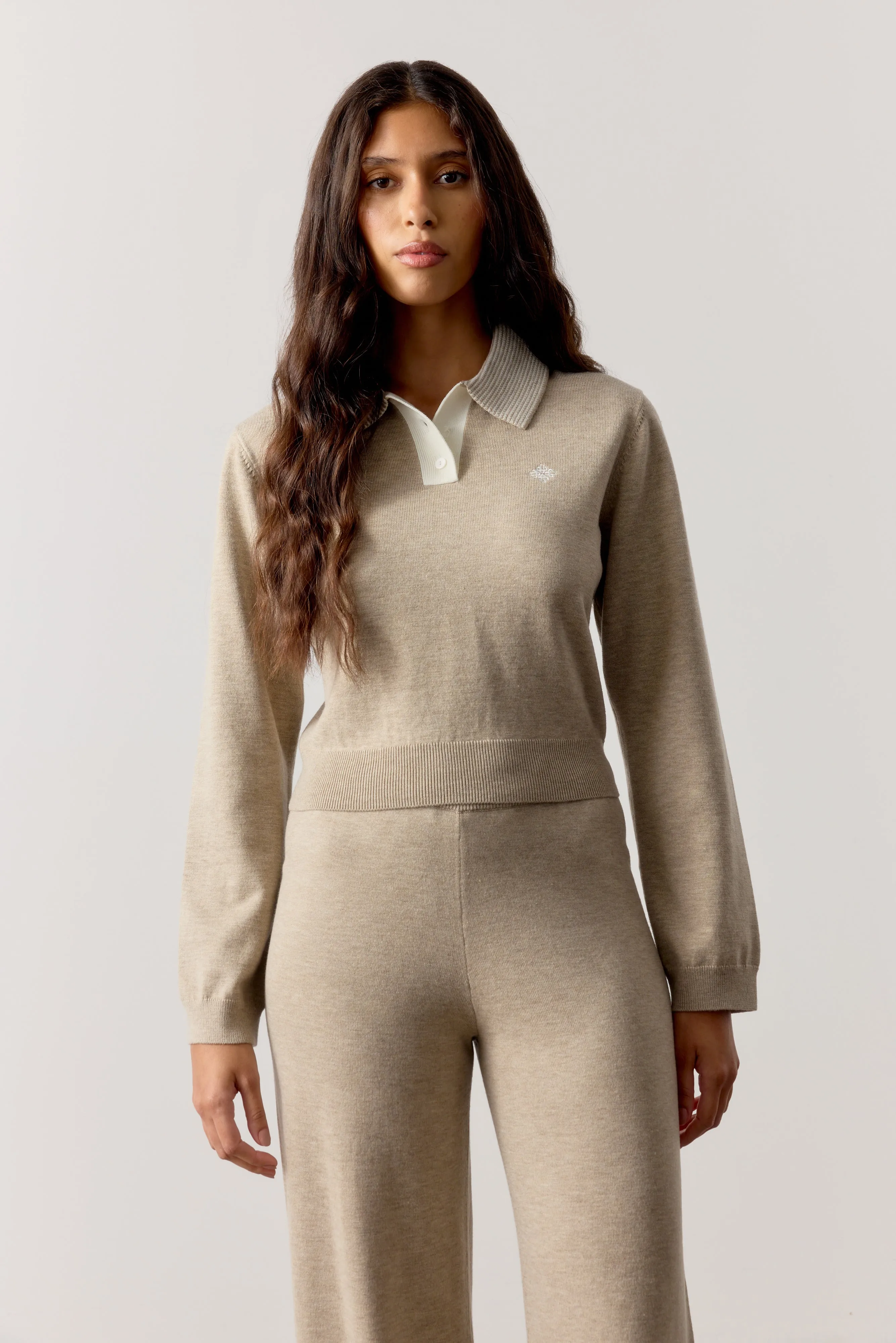 LONG SLEEVE KNITTED COLLAR POLO TOP - BEIGE sold by The Couture Club product image thumbnail 2