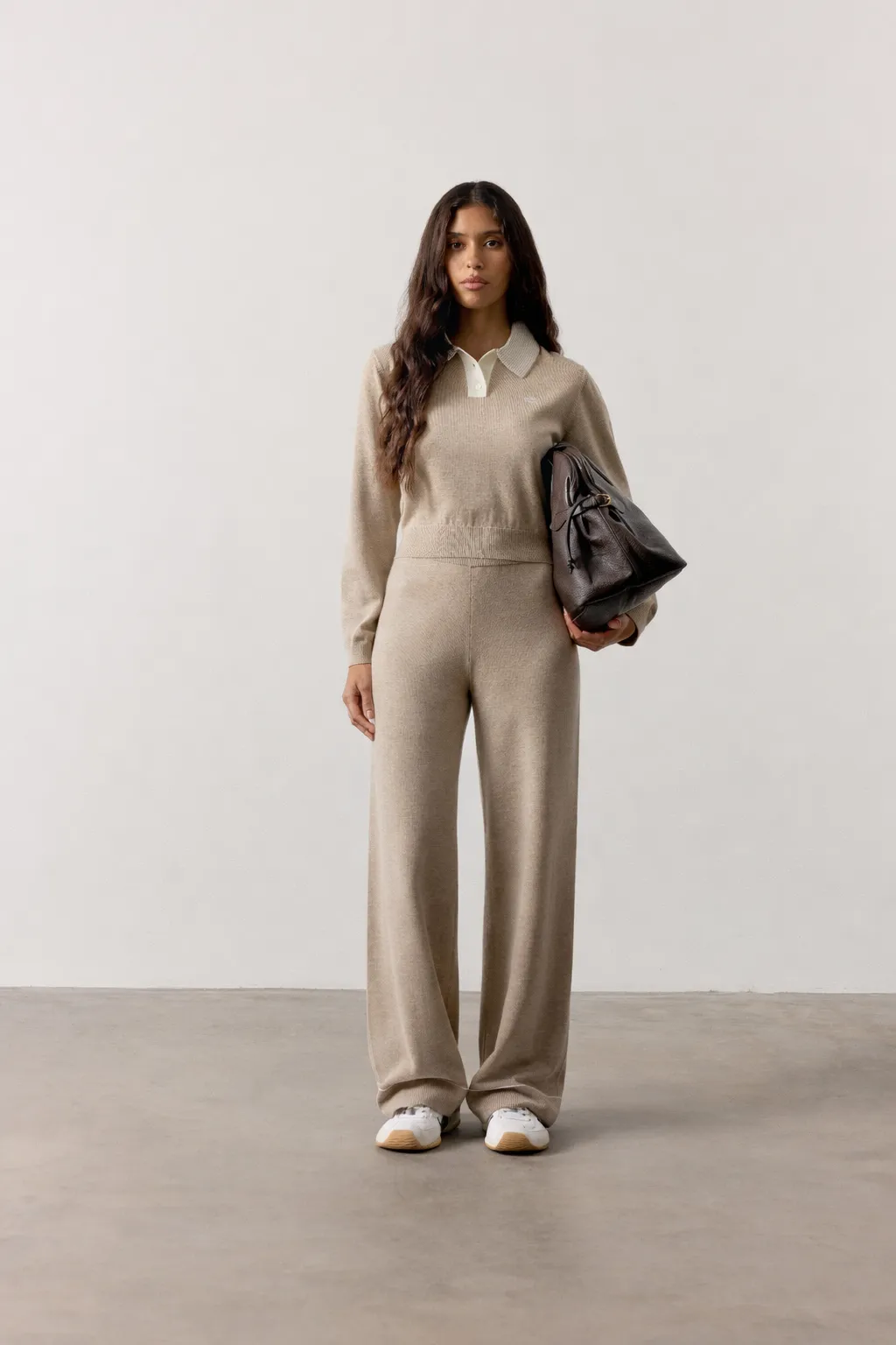 LONG SLEEVE KNITTED COLLAR POLO TOP - BEIGE sold by The Couture Club product image thumbnail 3