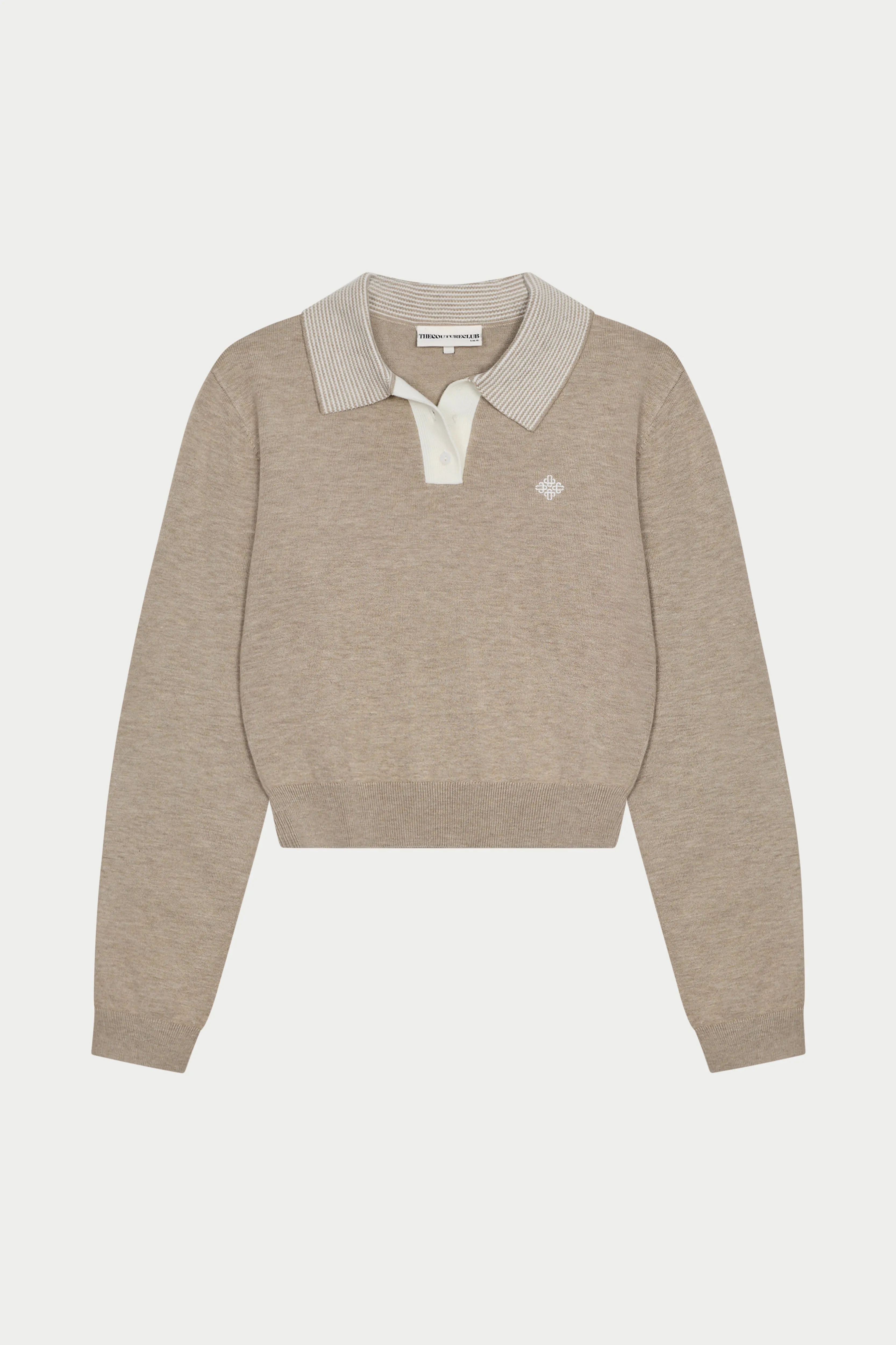 LONG SLEEVE KNITTED COLLAR POLO TOP - BEIGE sold by The Couture Club