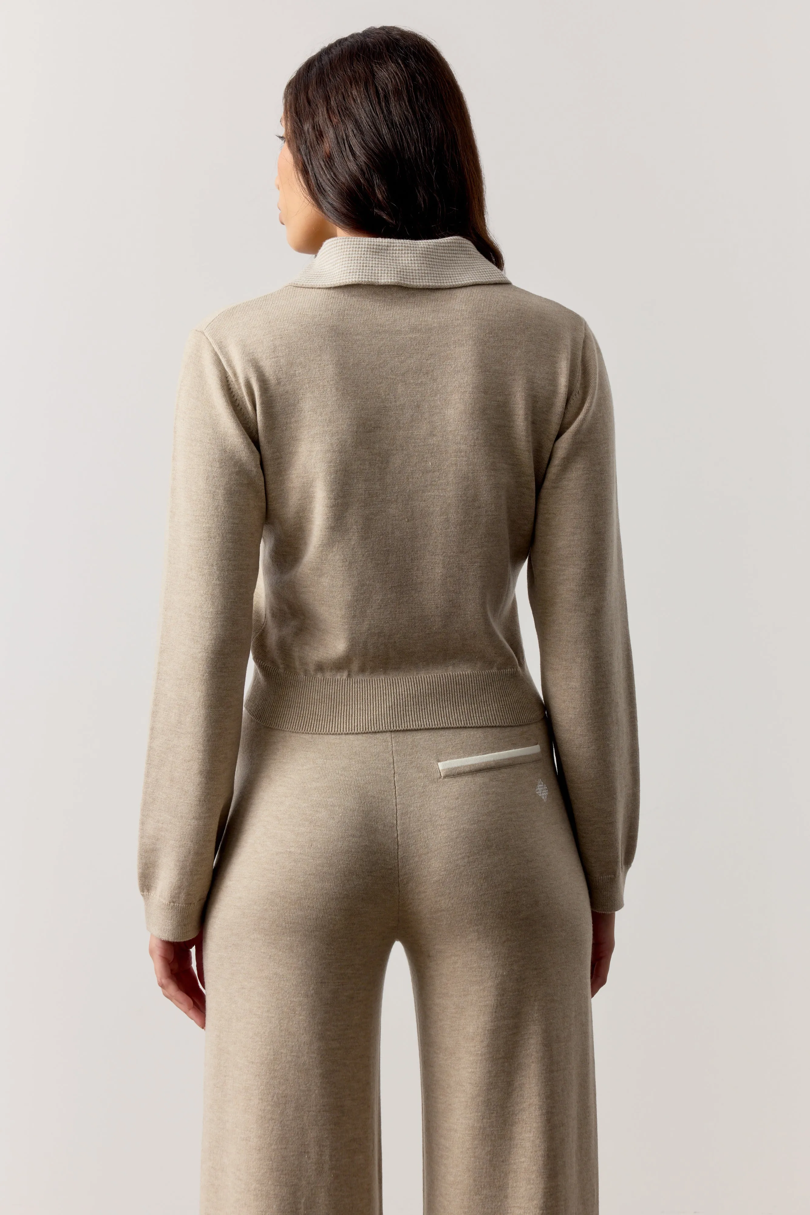 LONG SLEEVE KNITTED COLLAR POLO TOP - BEIGE sold by The Couture Club product image thumbnail 5