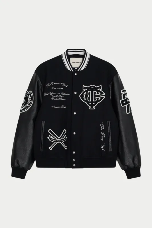 MULTI BADGE VARSITY JACKET - BLACK made by The Couture Club