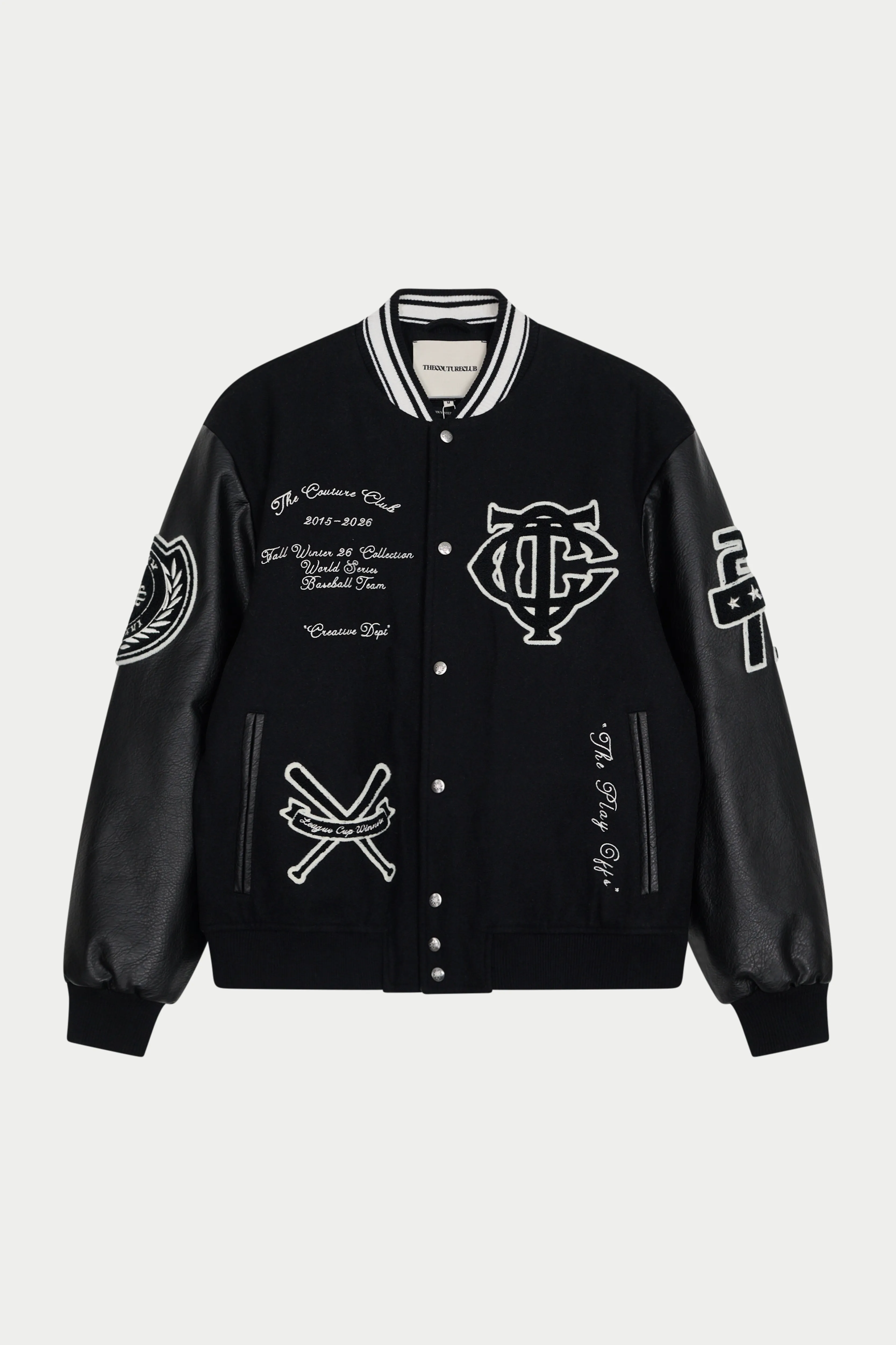 MULTI BADGE VARSITY JACKET - BLACK sold by The Couture Club