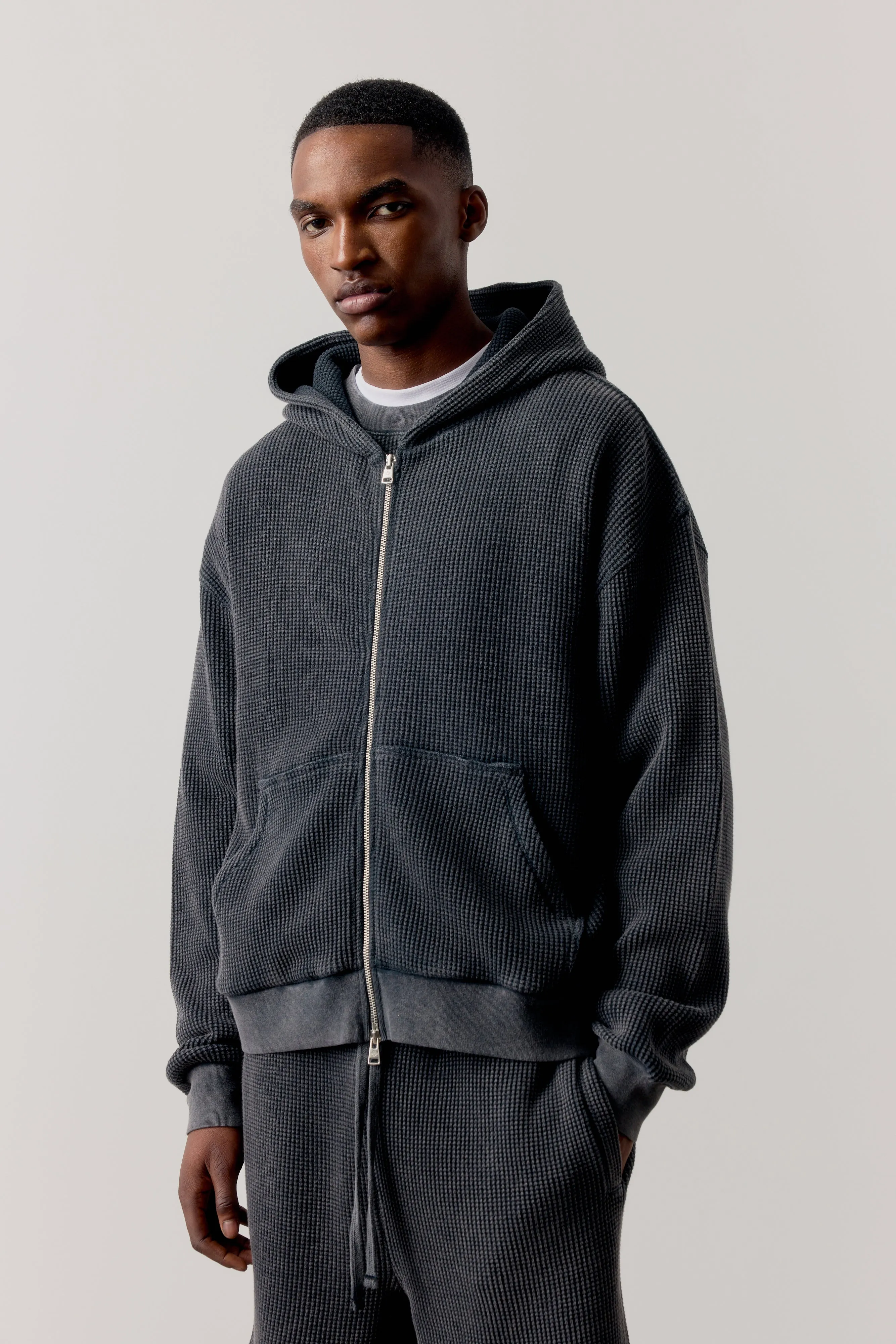 WAFFLE ZIP THROUGH HOODIE - BLACK sold by The Couture Club product image thumbnail 3