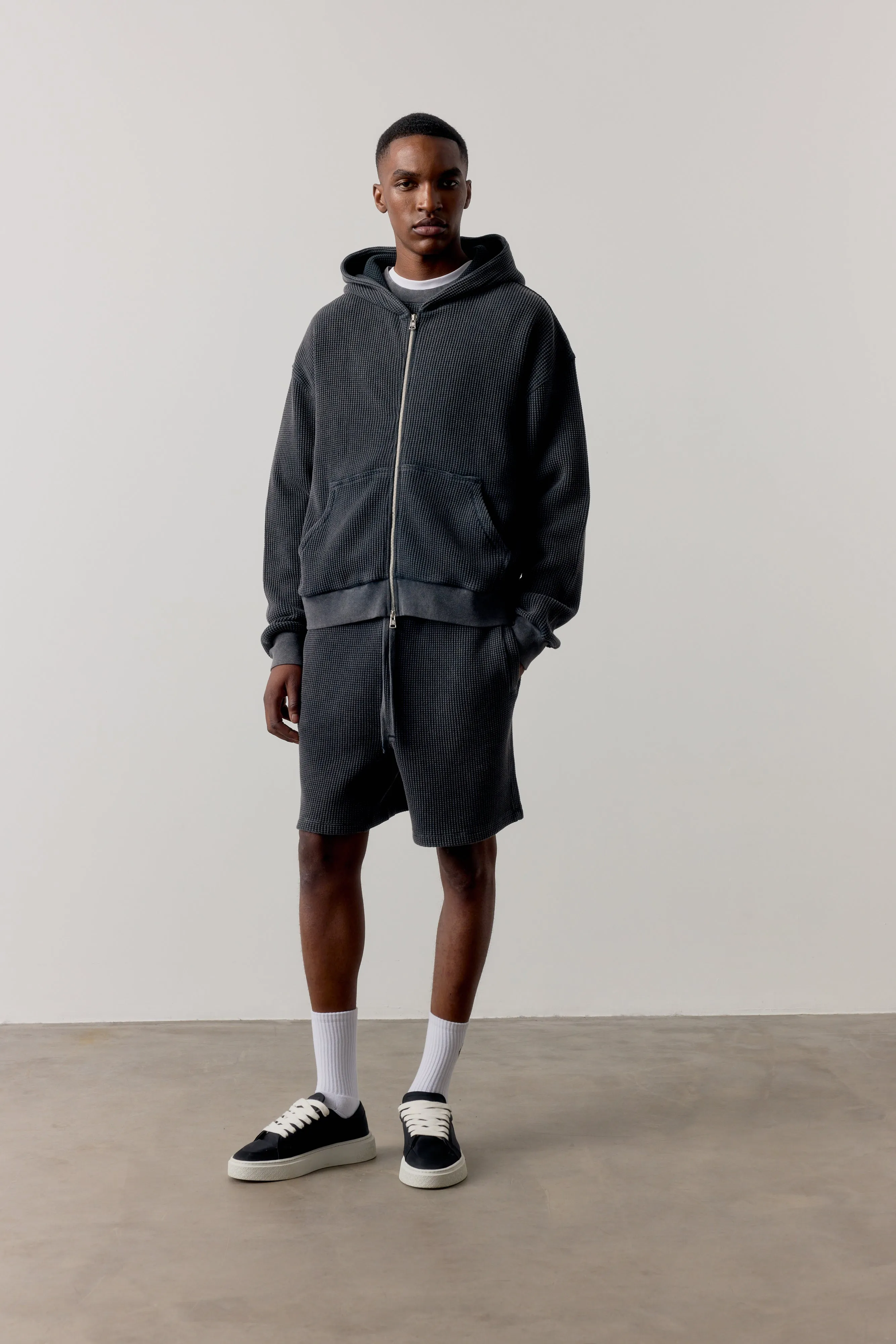 WAFFLE ZIP THROUGH HOODIE - BLACK sold by The Couture Club product image thumbnail 2