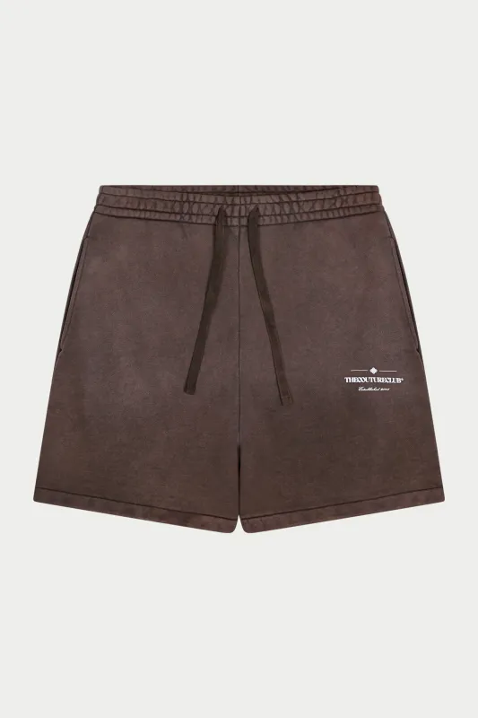 SPRAY WASH COPYRIGHT MULTI GRAPHIC SHORTS - BROWN made by The Couture Club