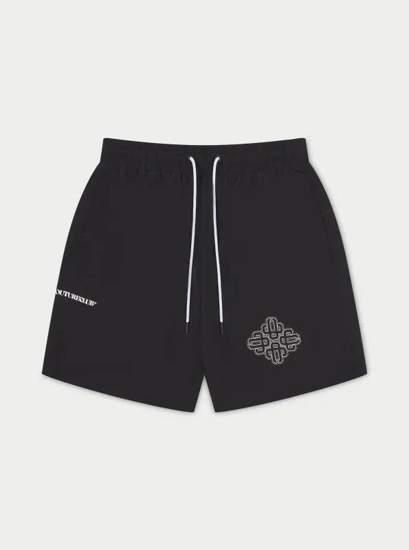 COPYRIGHT EMBLEM MID LENGTH SWIM SHORTS - BLACK made by The Couture Club