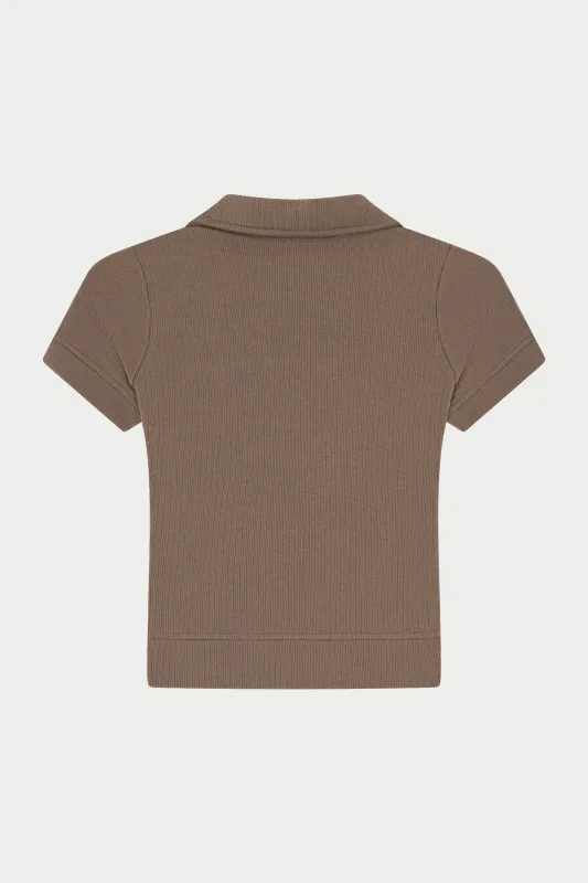 RIBBED SHORT SLEEVE POLO TOP - BROWN made by The Couture Club