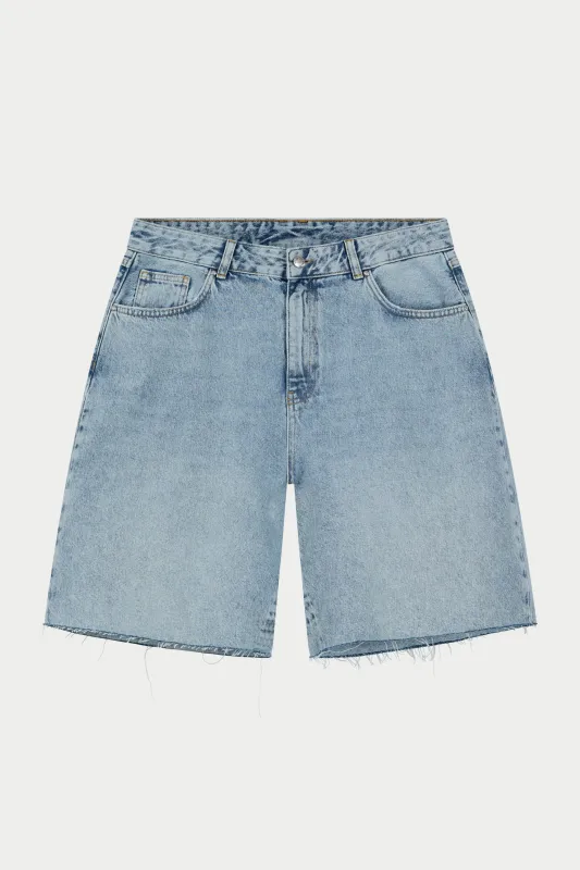DENIM RAW EDGE SHORTS - MID STONE WASH made by The Couture Club