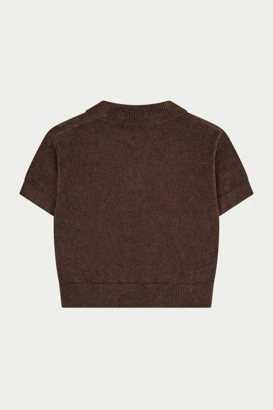 TOWELLING OPEN COLLAR T-SHIRT - CHOCOLATE made by The Couture Club