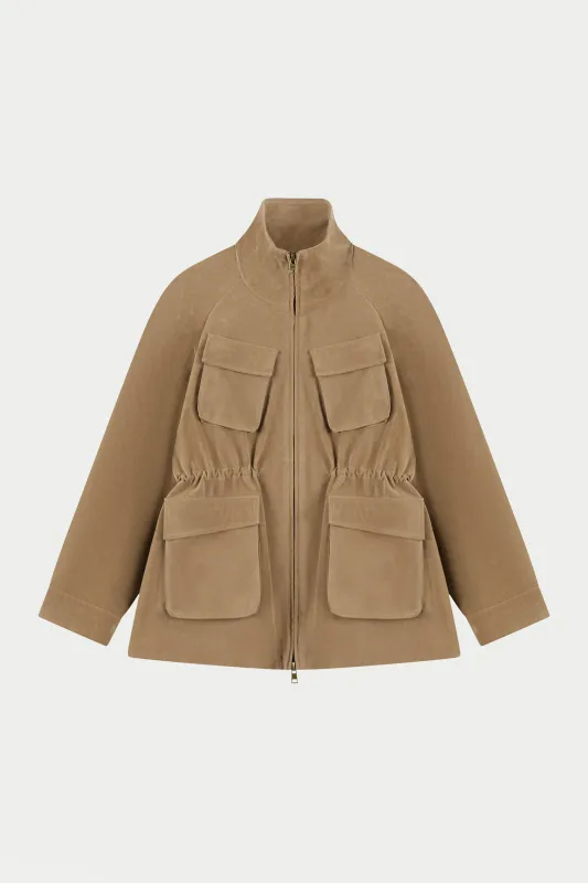 FAUX SUEDE BELLOW POCKET RUCHED WAIST JACKET - BEIGE made by The Couture Club