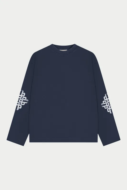 WASHED EMBLEM PRINT LONG SLEEVE T-SHIRT - NAVY made by The Couture Club