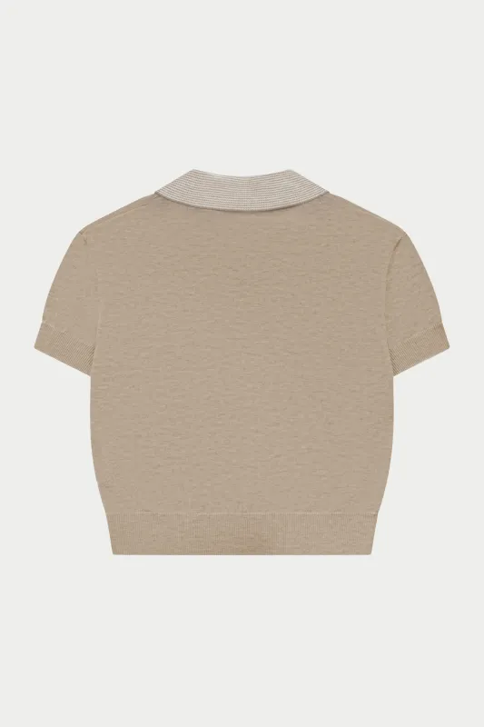 KNITTED COLLAR POLO TOP - BEIGE made by The Couture Club